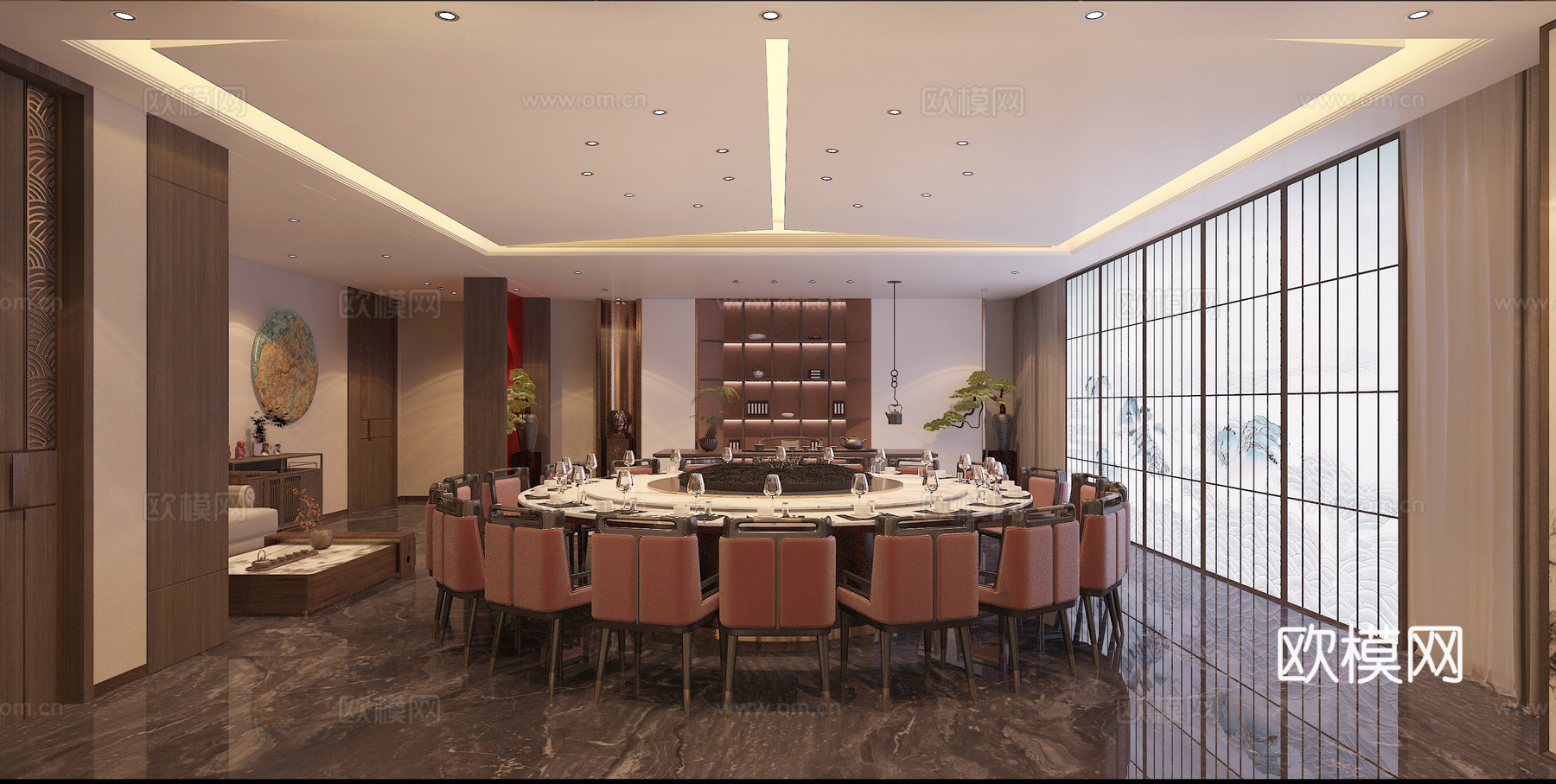 新中式20人超大包厢餐厅3d模型下载（渲染图3）
