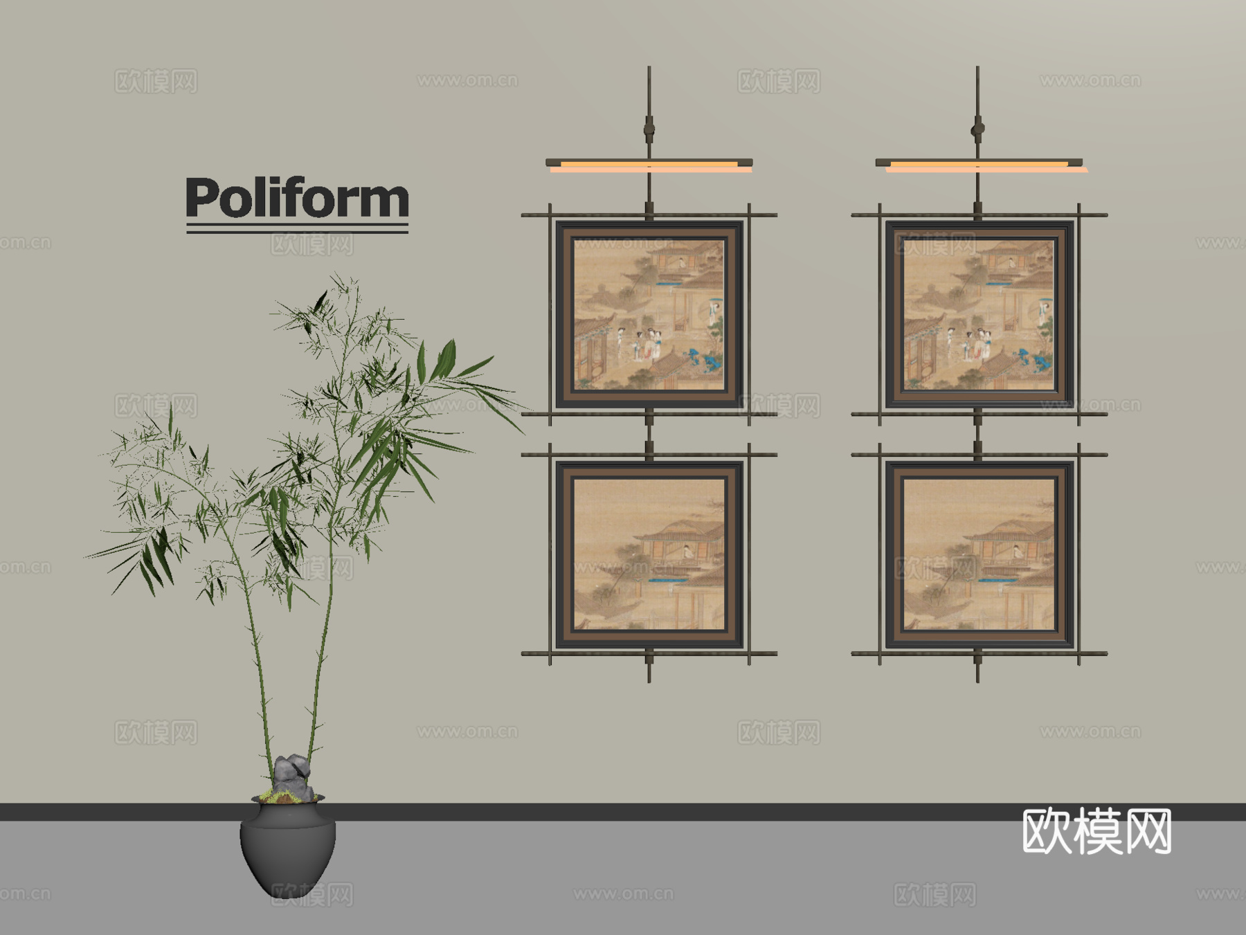 新中式挂画组合 装饰挂画 壁灯su模型