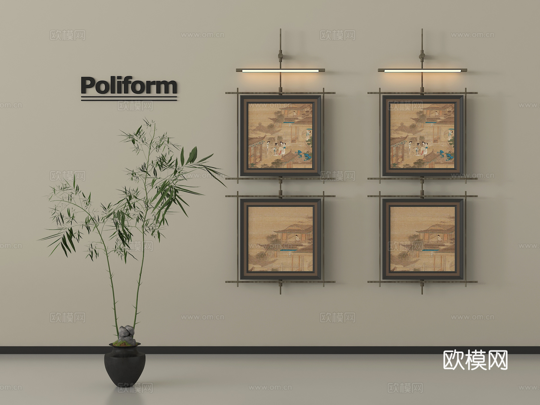 新中式挂画组合 装饰挂画 壁灯su模型