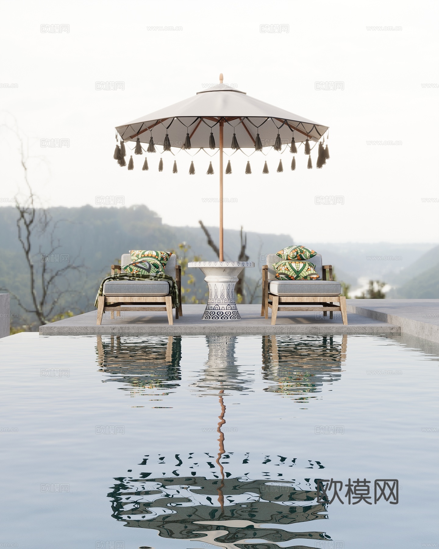 现代户外露天泳池 柚木躺椅 泳池椅 沙滩椅 休闲椅 圆形遮阳3d模型下载