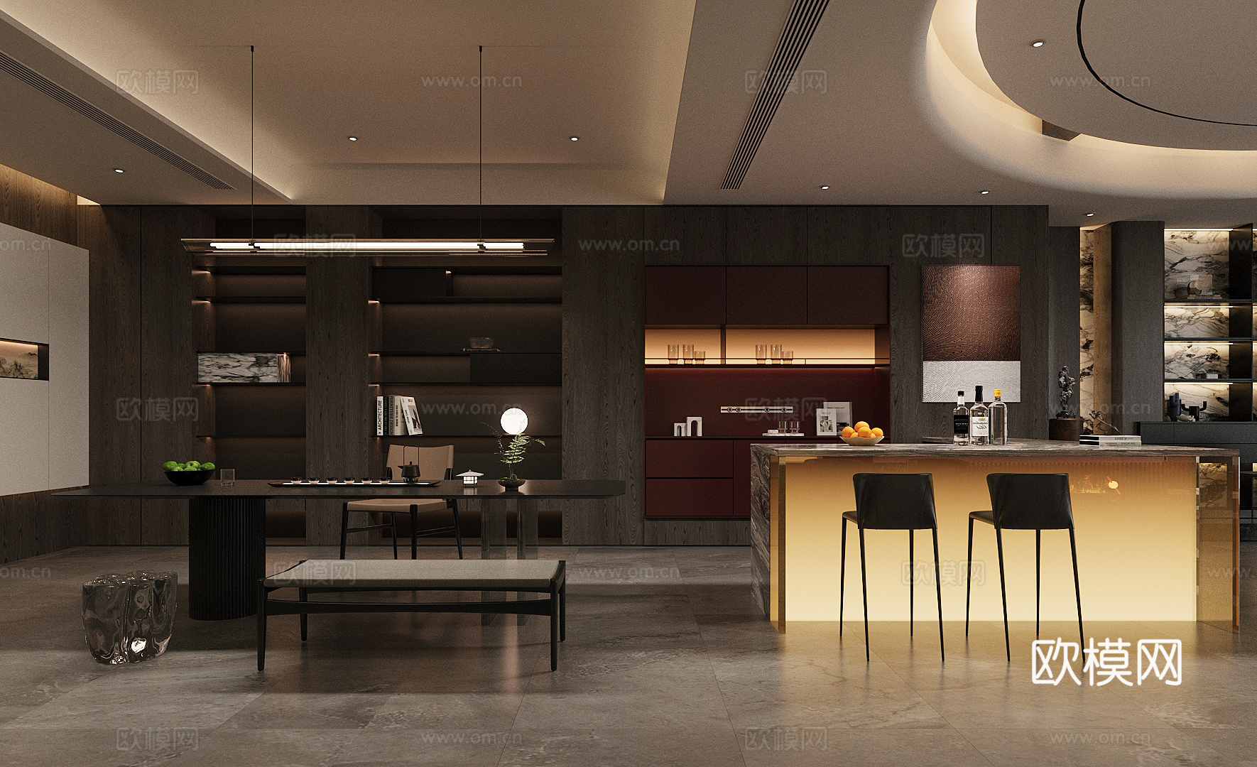 现代意式岛台餐厅 轻奢意式餐厅 茶室 开放式餐厅 岛台餐桌椅3d模型下载