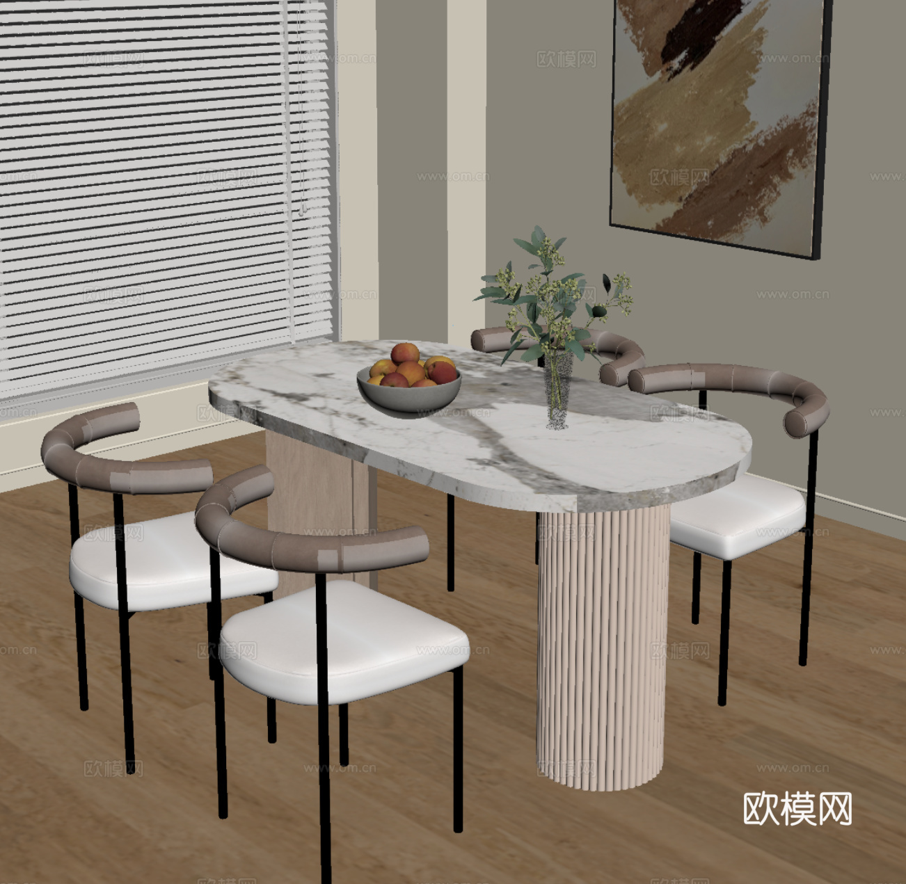 现代奶油风餐桌椅su模型