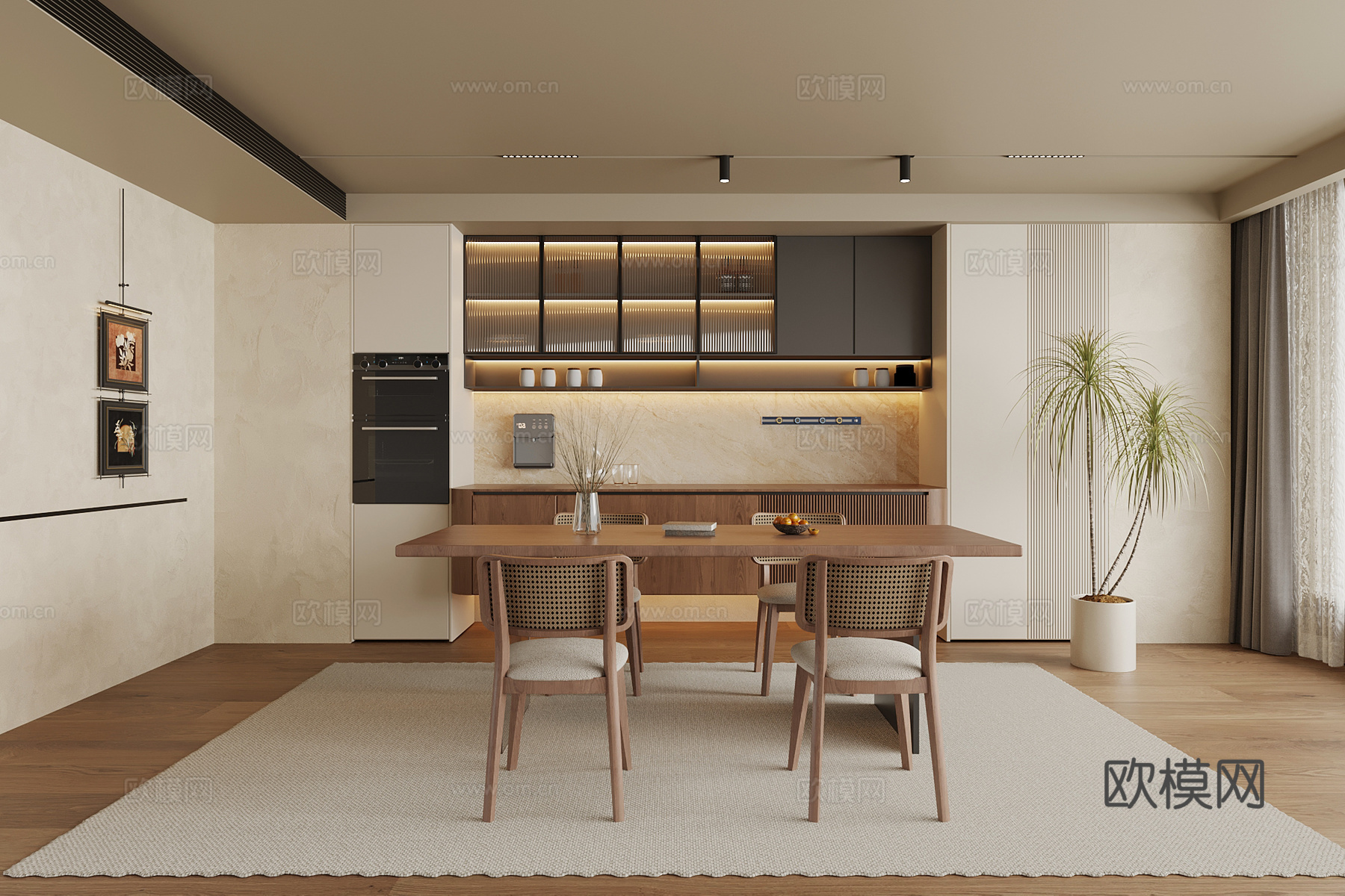 中古风餐厅 餐桌椅 酒柜3d模型下载