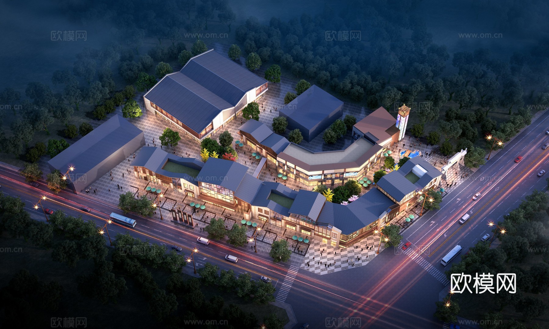 古镇商业街鸟瞰3d模型下载