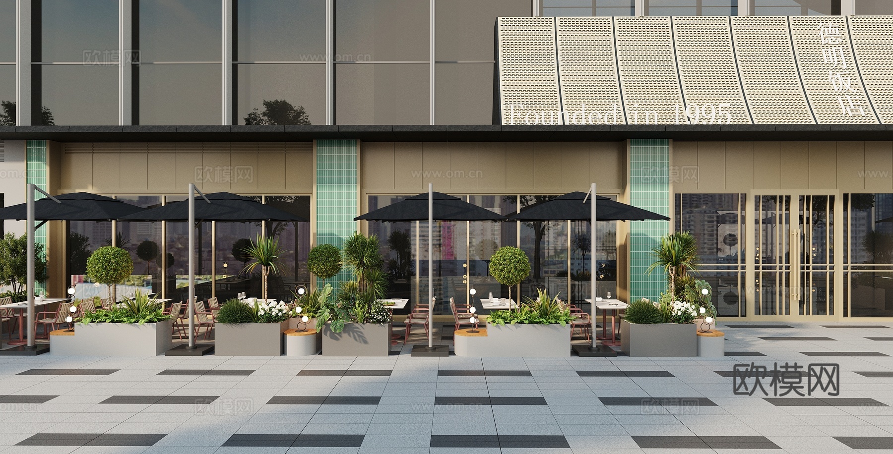 现代餐饮饭店 酒店 室外餐饮外摆 户外家具餐桌椅 绿植花箱种3d模型下载