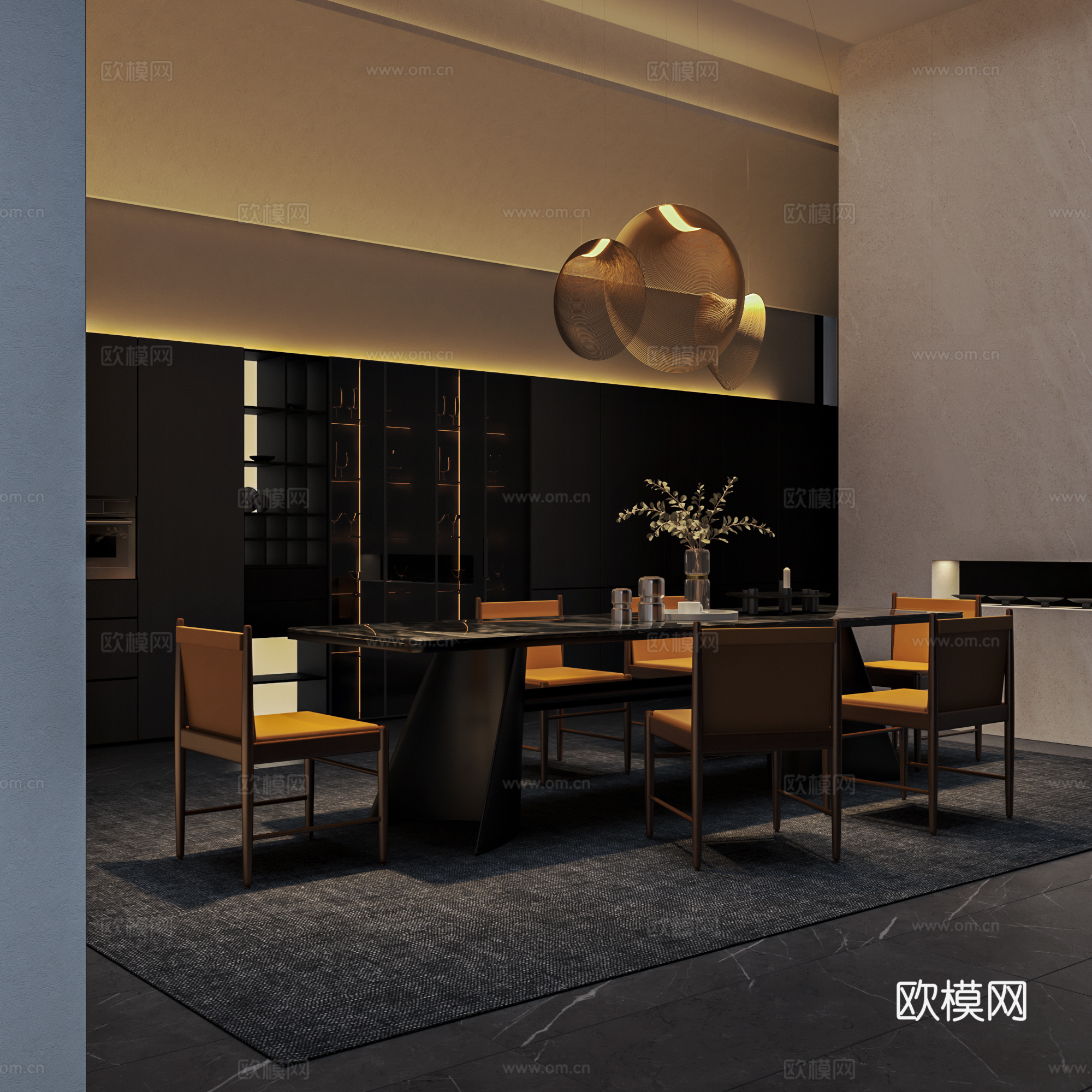 现代意式餐厅 餐桌椅 吊灯su模型