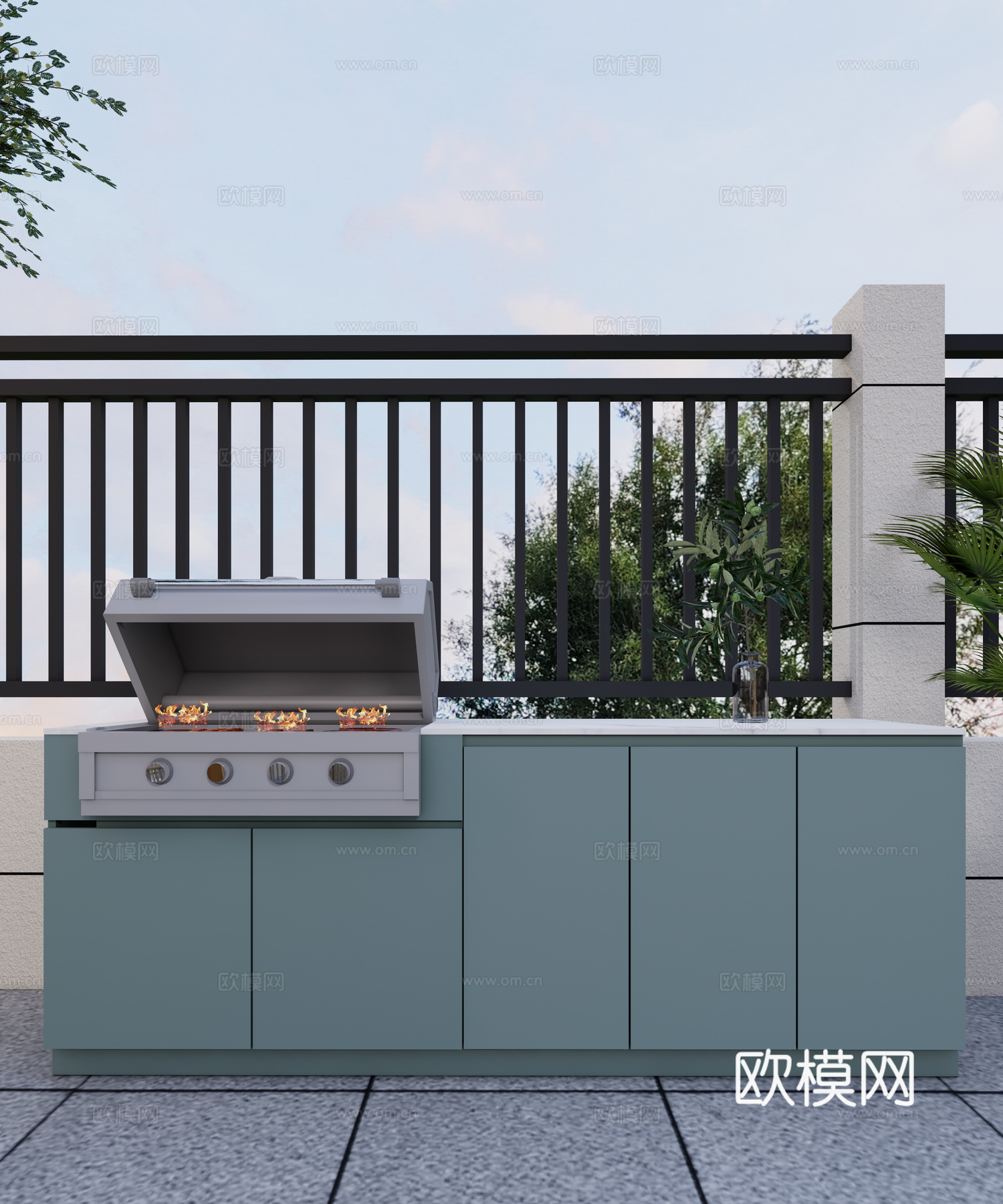 现代户外 金属 不锈钢操作台 储物柜 烧烤箱架su模型