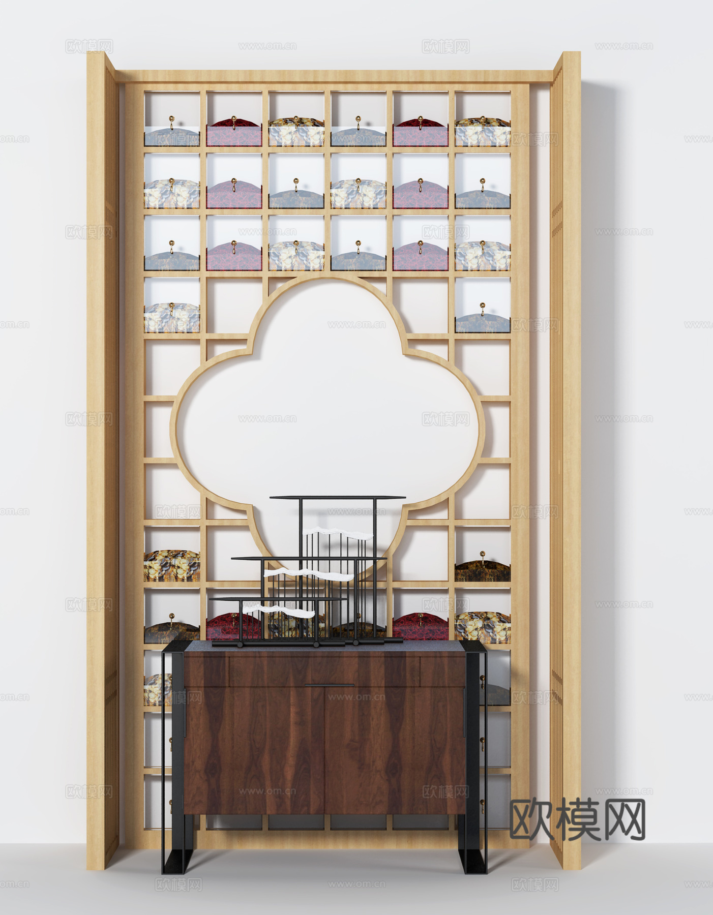 新中式边柜茶花屏风摆件组合3d模型下载