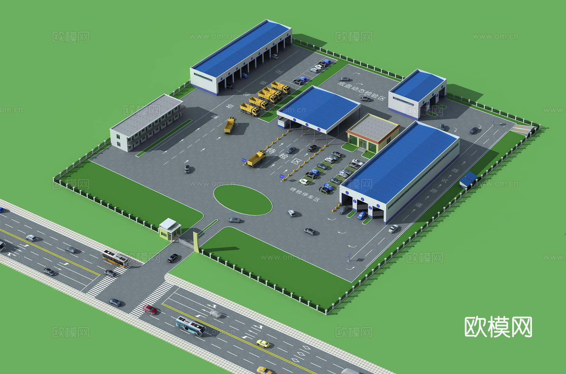 现代场区鸟瞰图,办公楼,马路,汽车,厂房,车间,汽修3d模型下载
