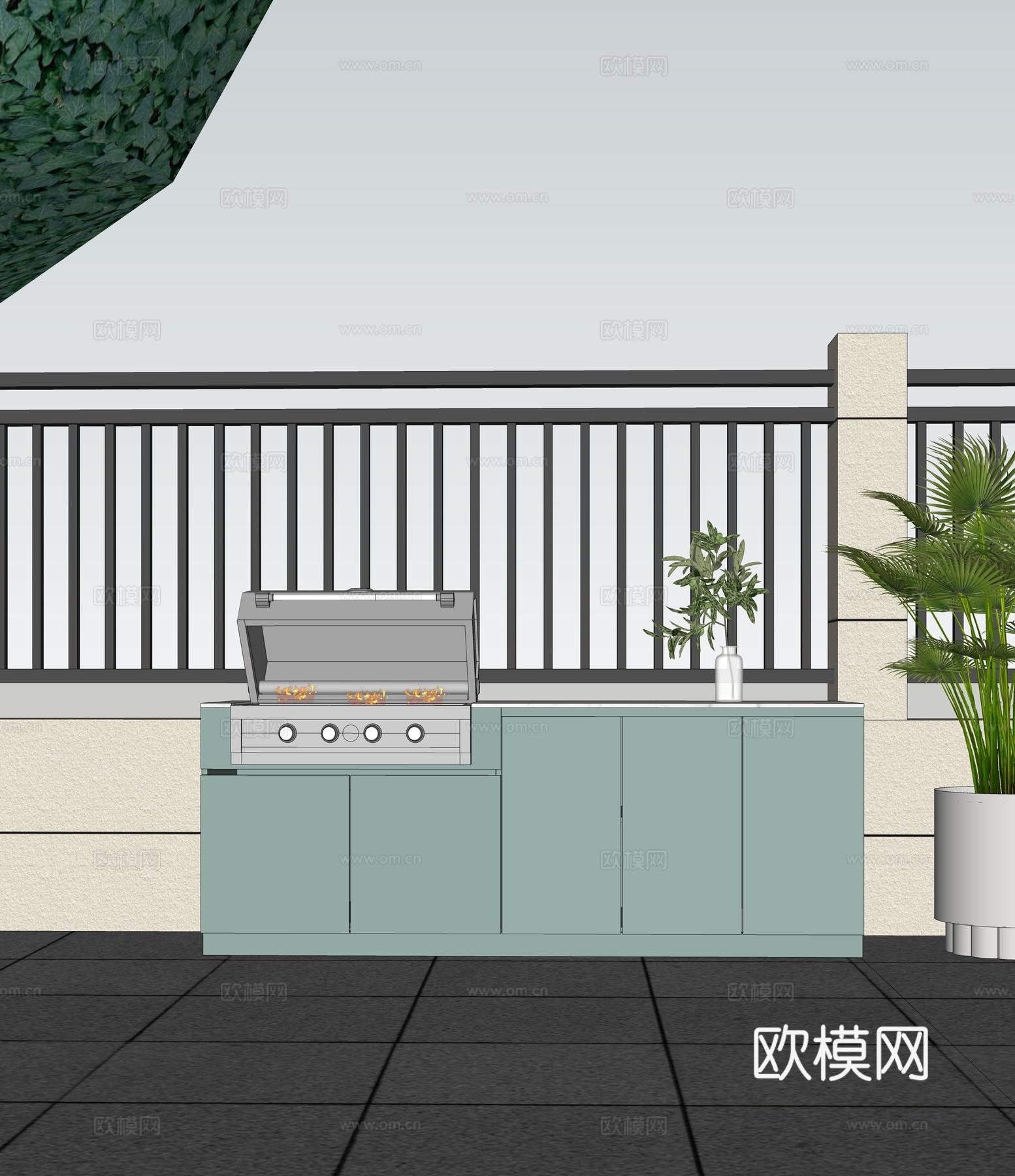 现代户外 金属 不锈钢操作台 储物柜 烧烤箱架su模型