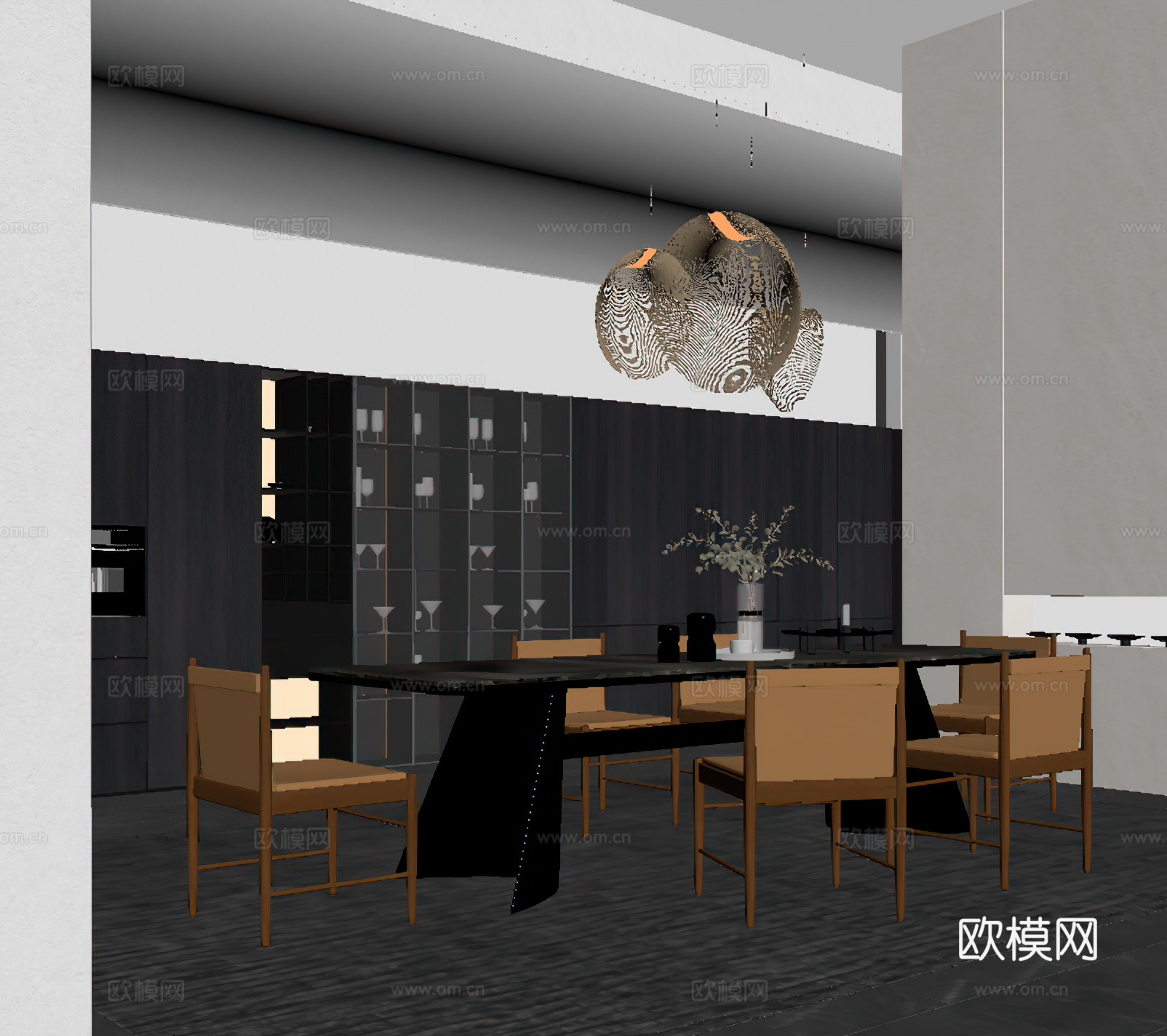 现代意式餐厅 餐桌椅 吊灯su模型