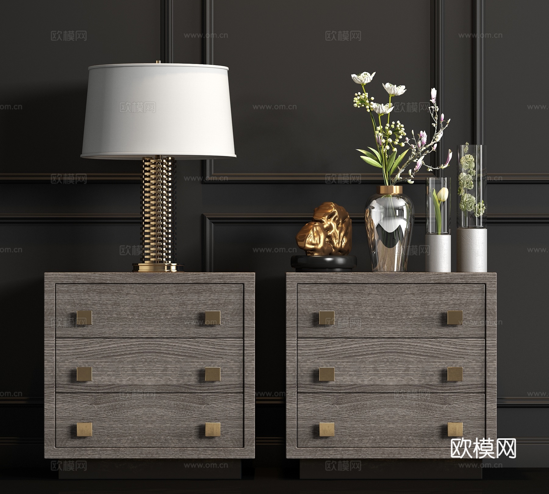 新中式实木床头柜台灯饰品组合3d模型下载