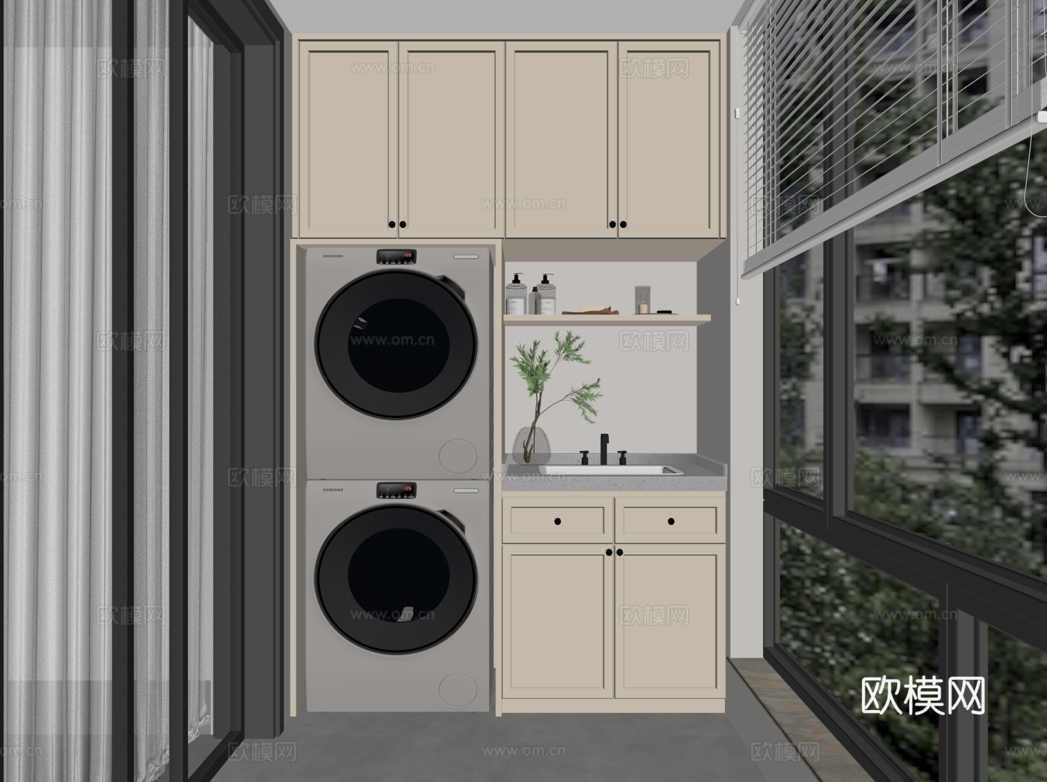 现代简约洗衣机柜 阳台柜su模型