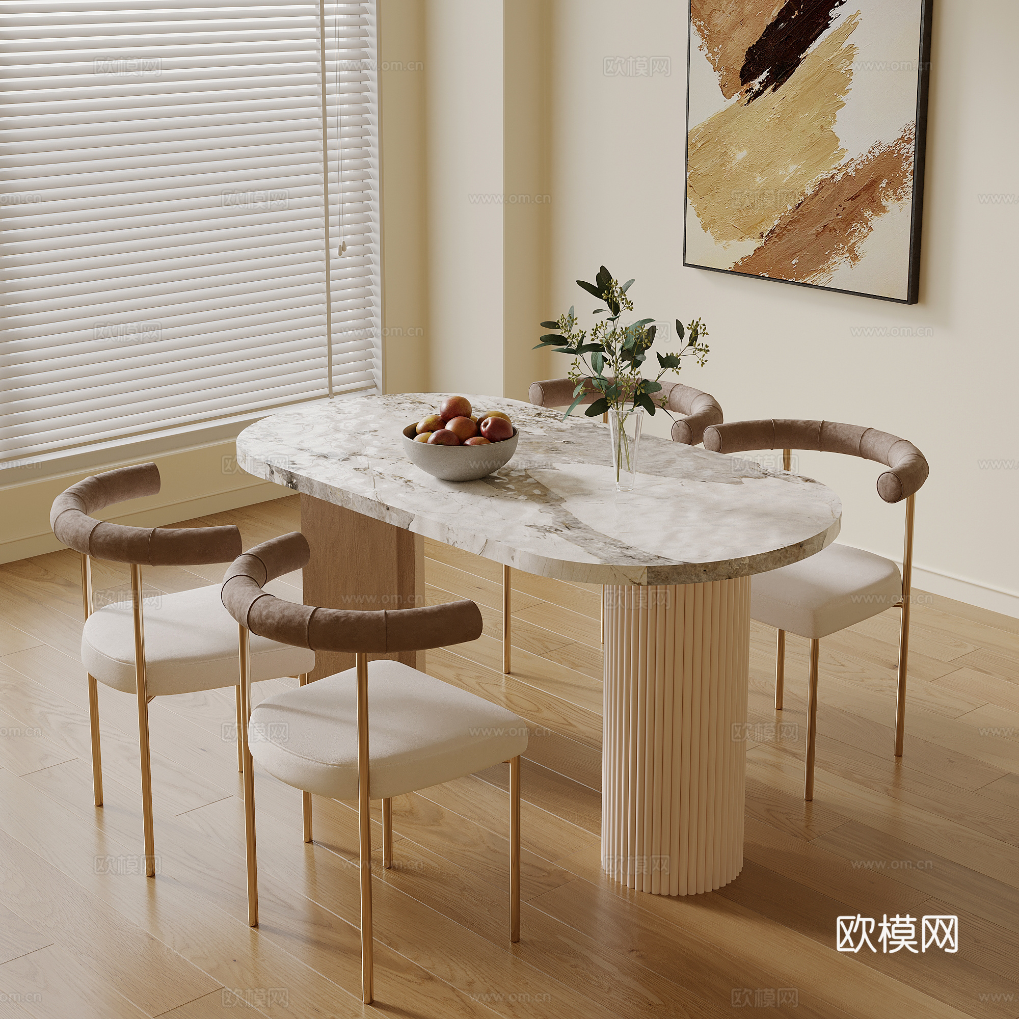 现代奶油风餐桌椅su模型