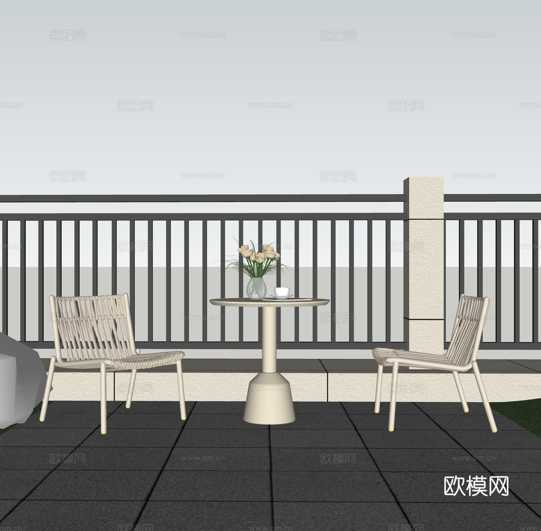 现代户外餐桌椅 咖啡桌椅 一桌两椅 圆形餐桌椅现代户外餐桌椅su模型