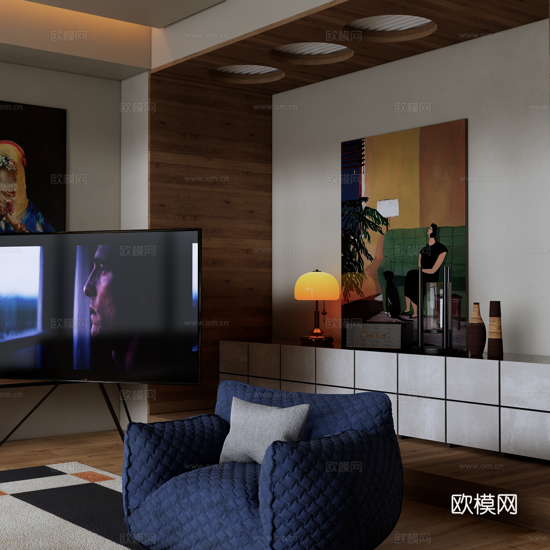美式复古包豪斯孟菲斯客餐厅家具组合su模型