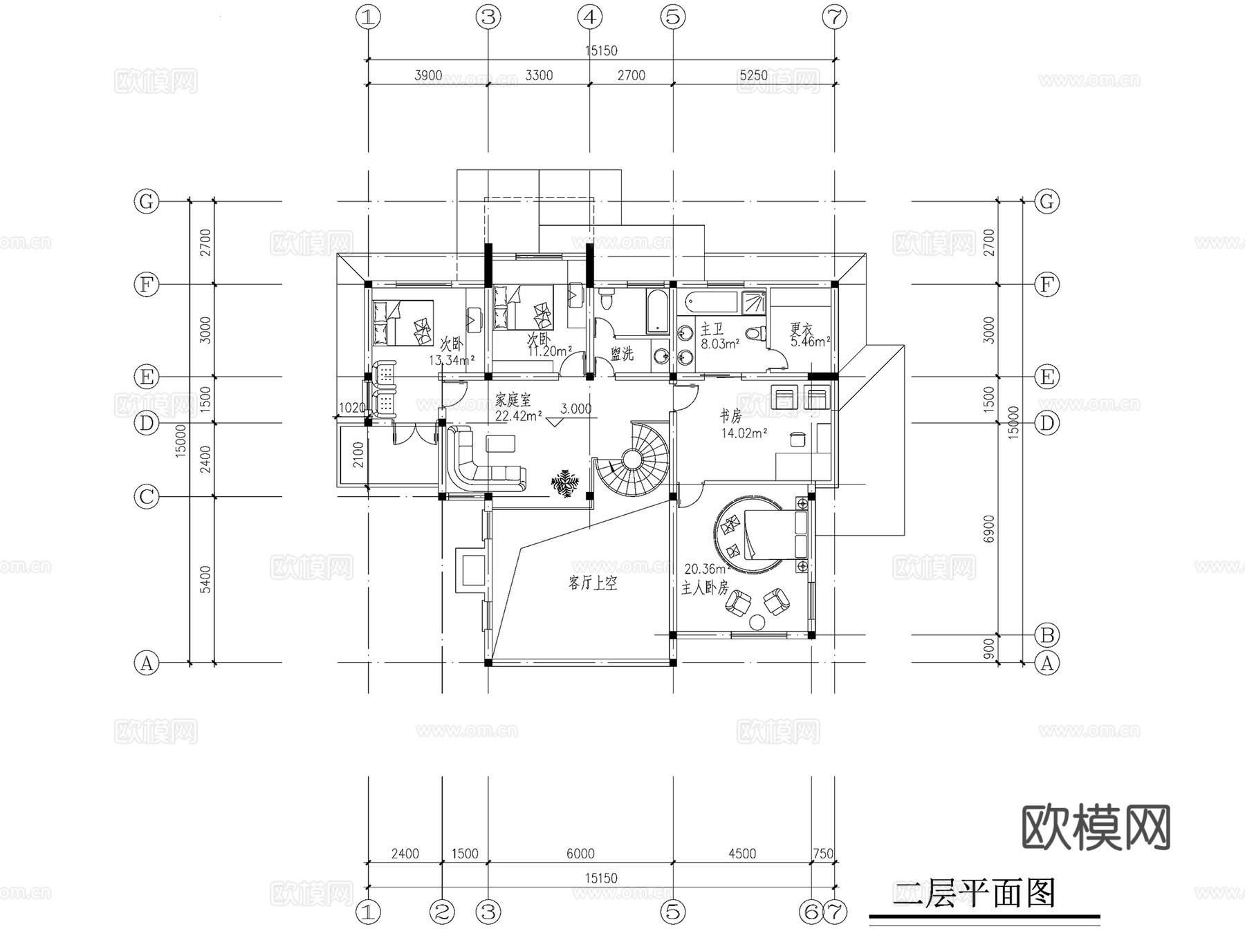 二层庭院别墅建筑CAD施工图cad施工图