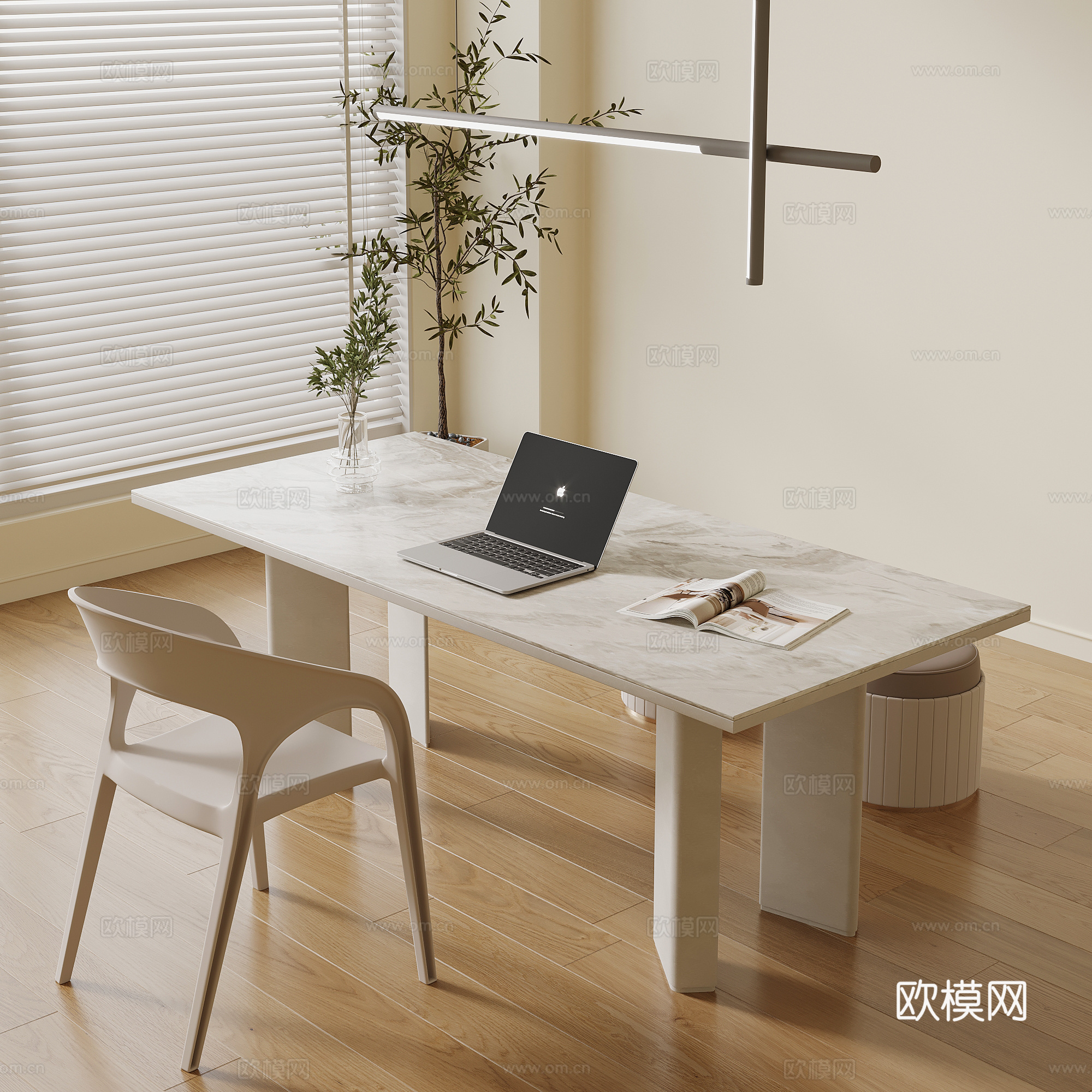 现代奶油风书桌椅 办公桌椅组合su模型