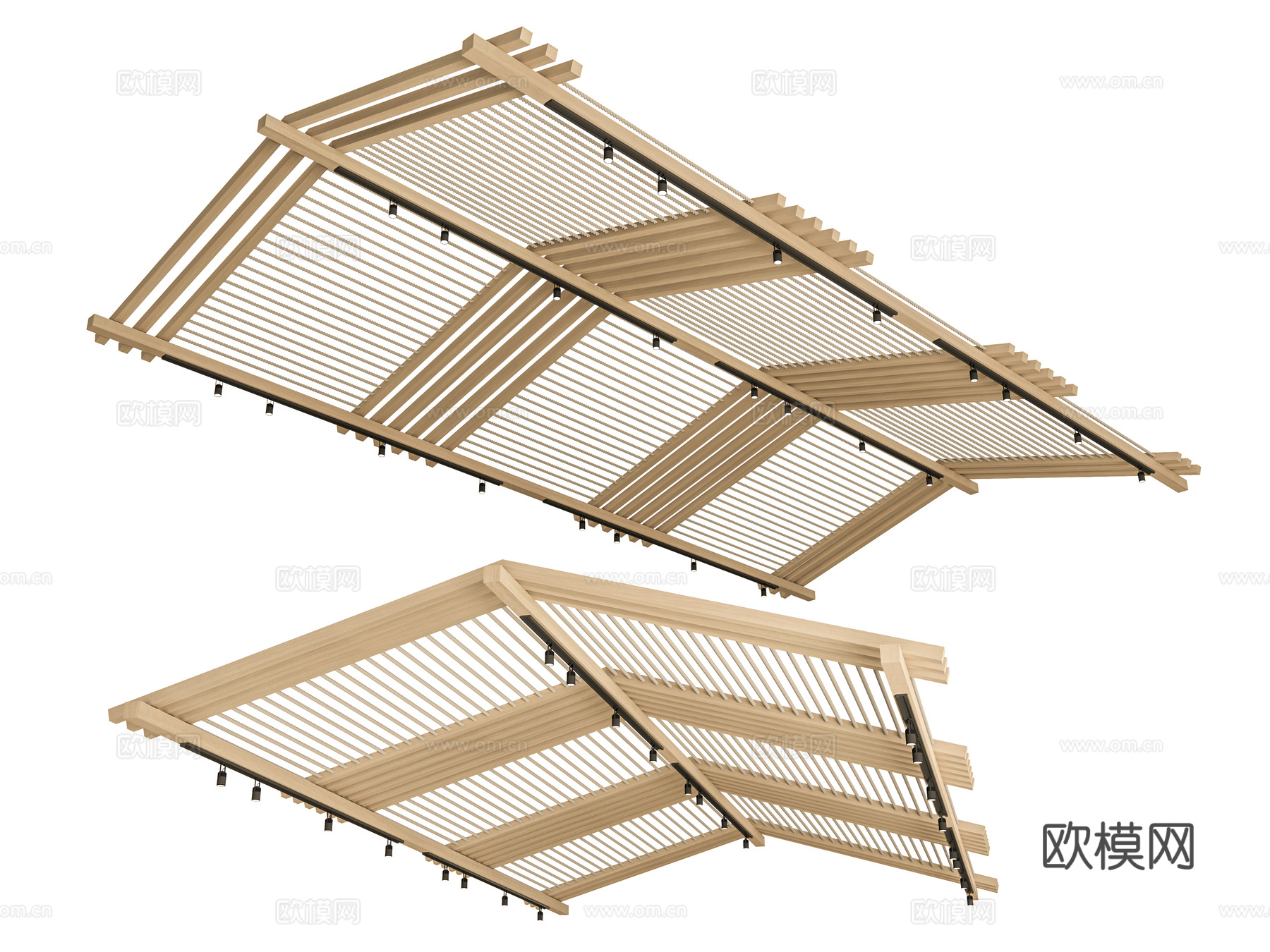 木格栅吊顶 坡屋顶造型格栅吊顶 尼龙绳造型吊顶 轨道射灯 木su模型