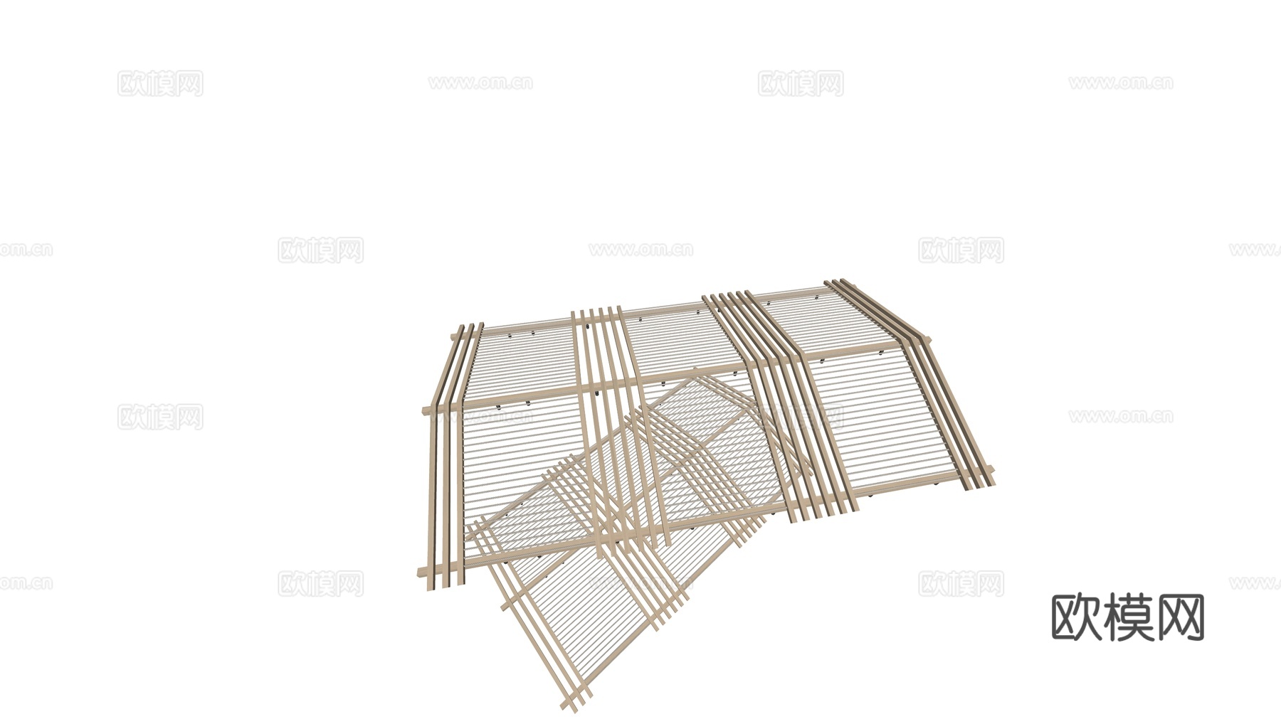 木格栅吊顶 坡屋顶造型格栅吊顶 尼龙绳造型吊顶 轨道射灯 木su模型