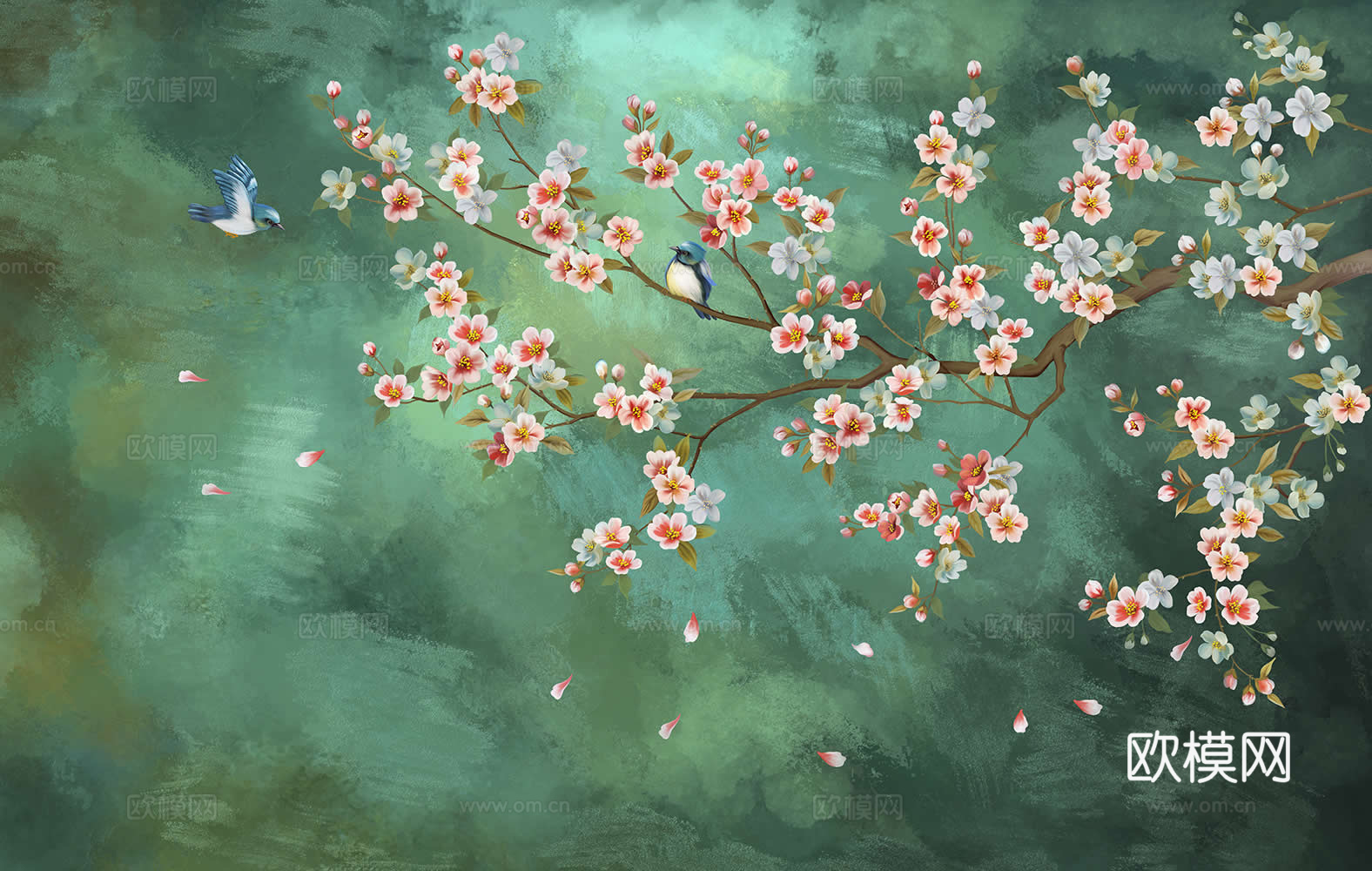 绿色油画花鸟壁纸