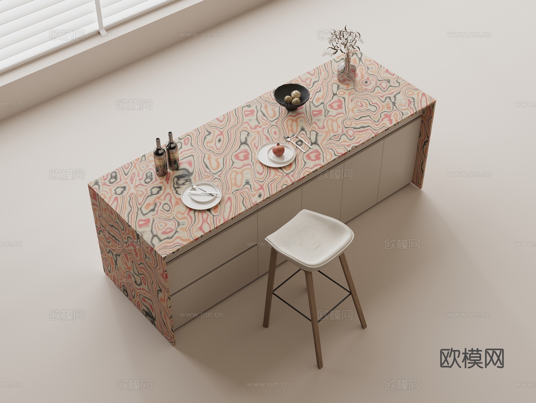 吧台吧椅组合 吧台餐桌 水吧台 休闲椅 餐具 装饰品3d模型下载