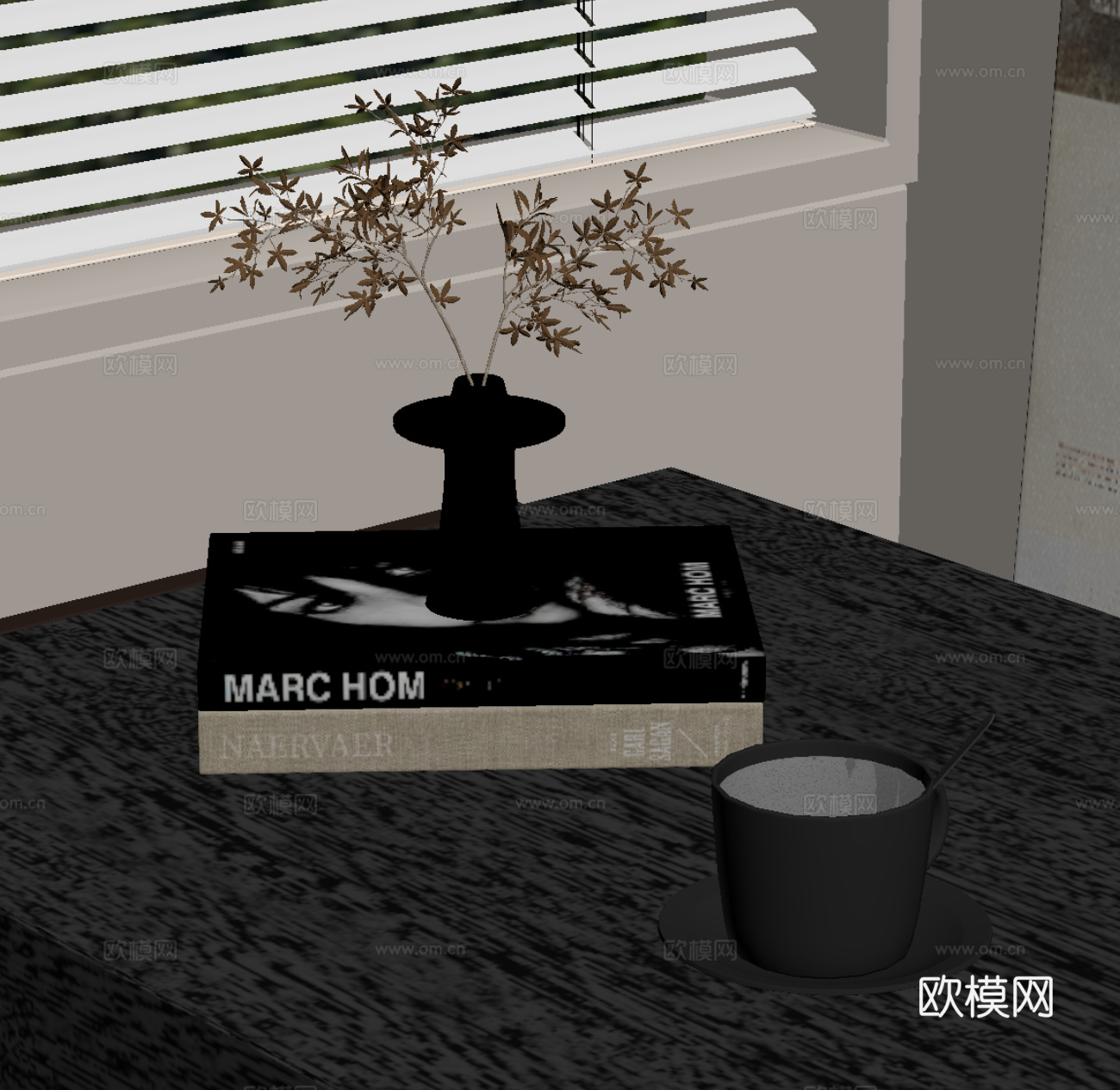 现代书籍摆件 咖啡杯 花瓶花艺su模型