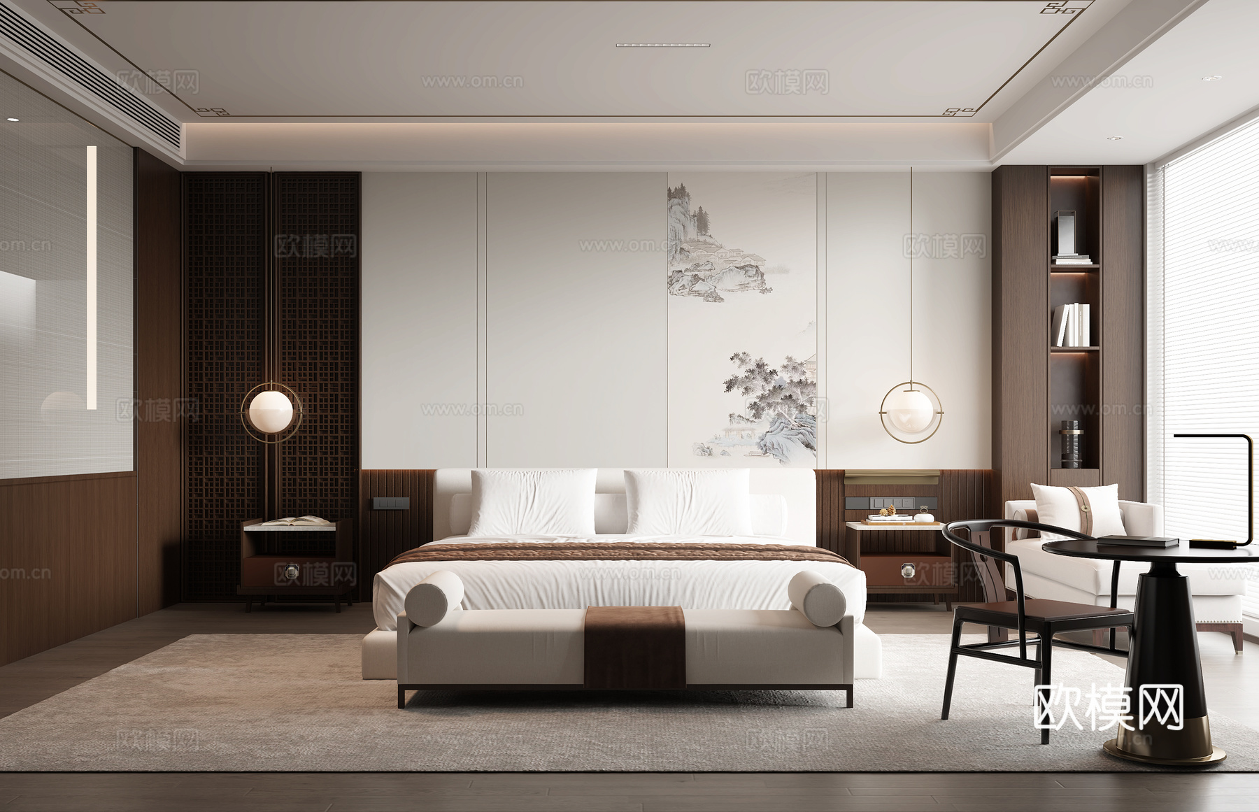 新中式酒店客房3d模型下载