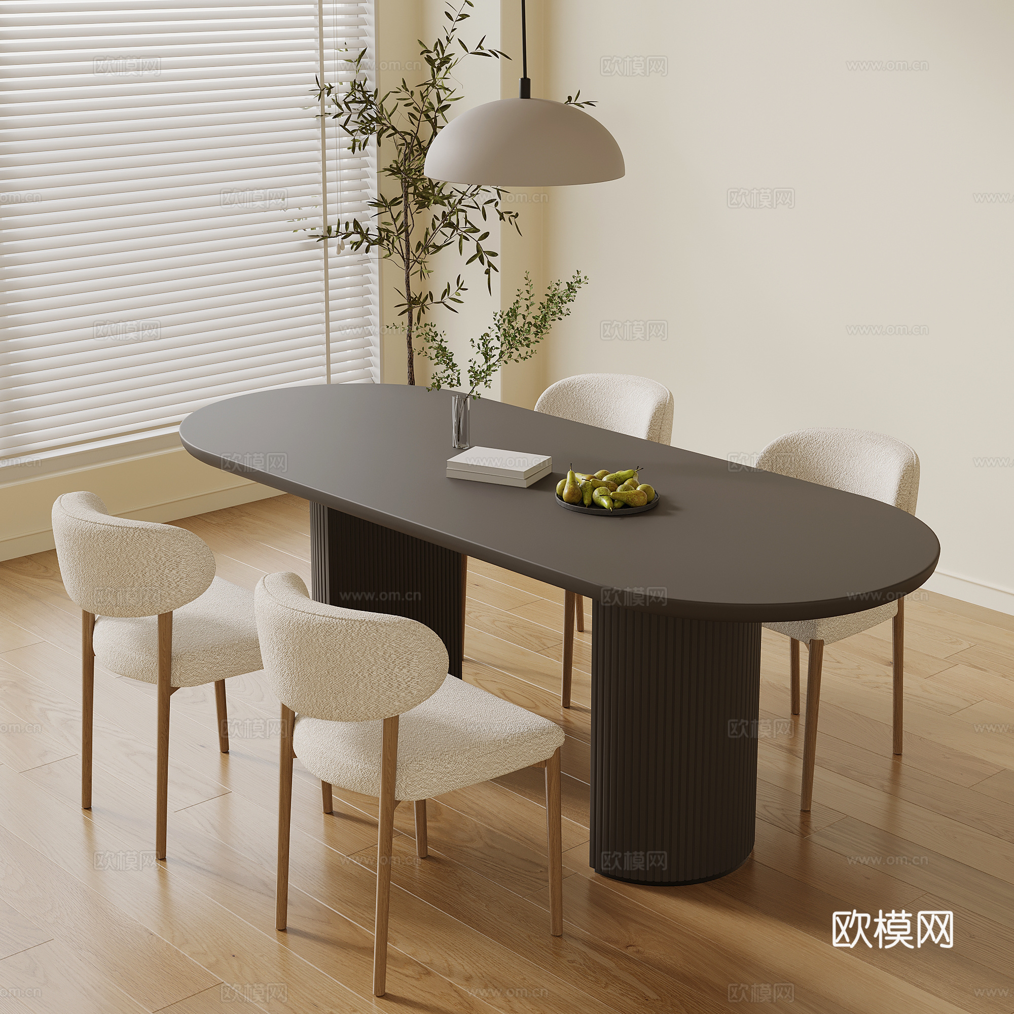 现代奶油风餐桌椅su模型