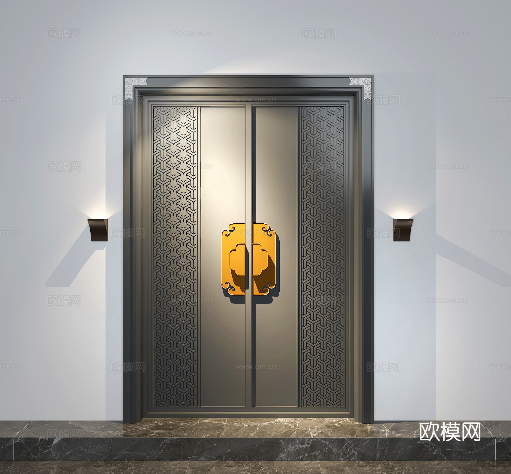 现代中式入户双开别墅门su模型