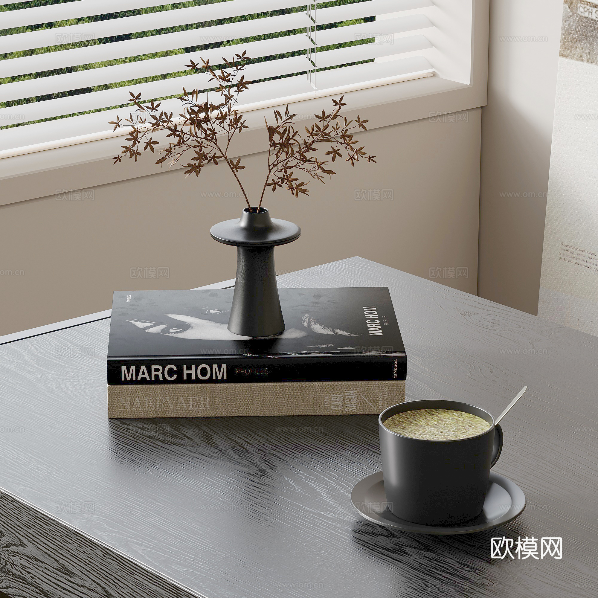 现代书籍摆件 咖啡杯 花瓶花艺su模型