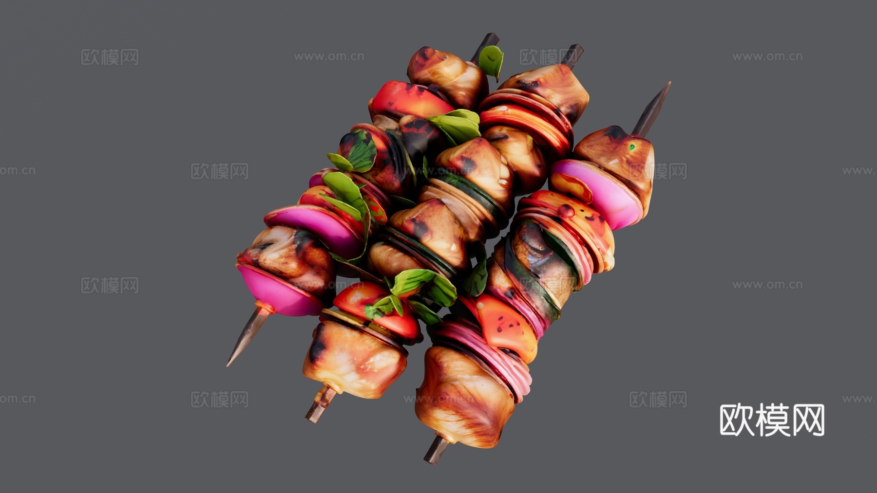 三串羊肉蔬菜烤串su模型