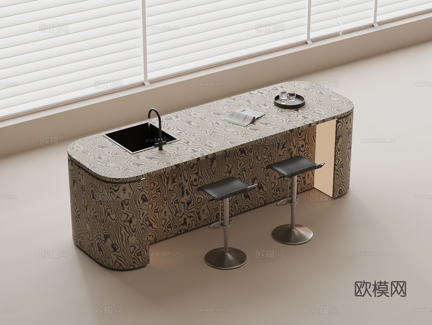 吧台吧椅组合 吧台餐桌 水吧台 休闲椅 餐具 装饰品3d模型下载