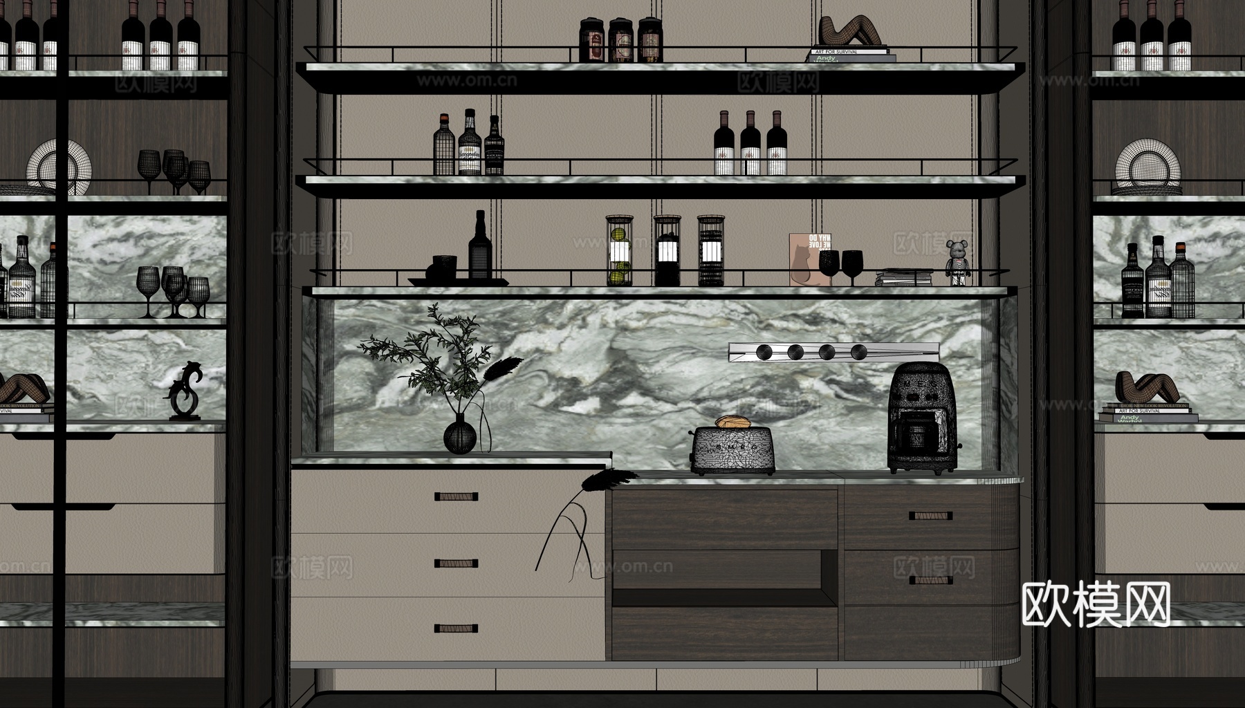 新中式酒柜 餐边柜su模型
