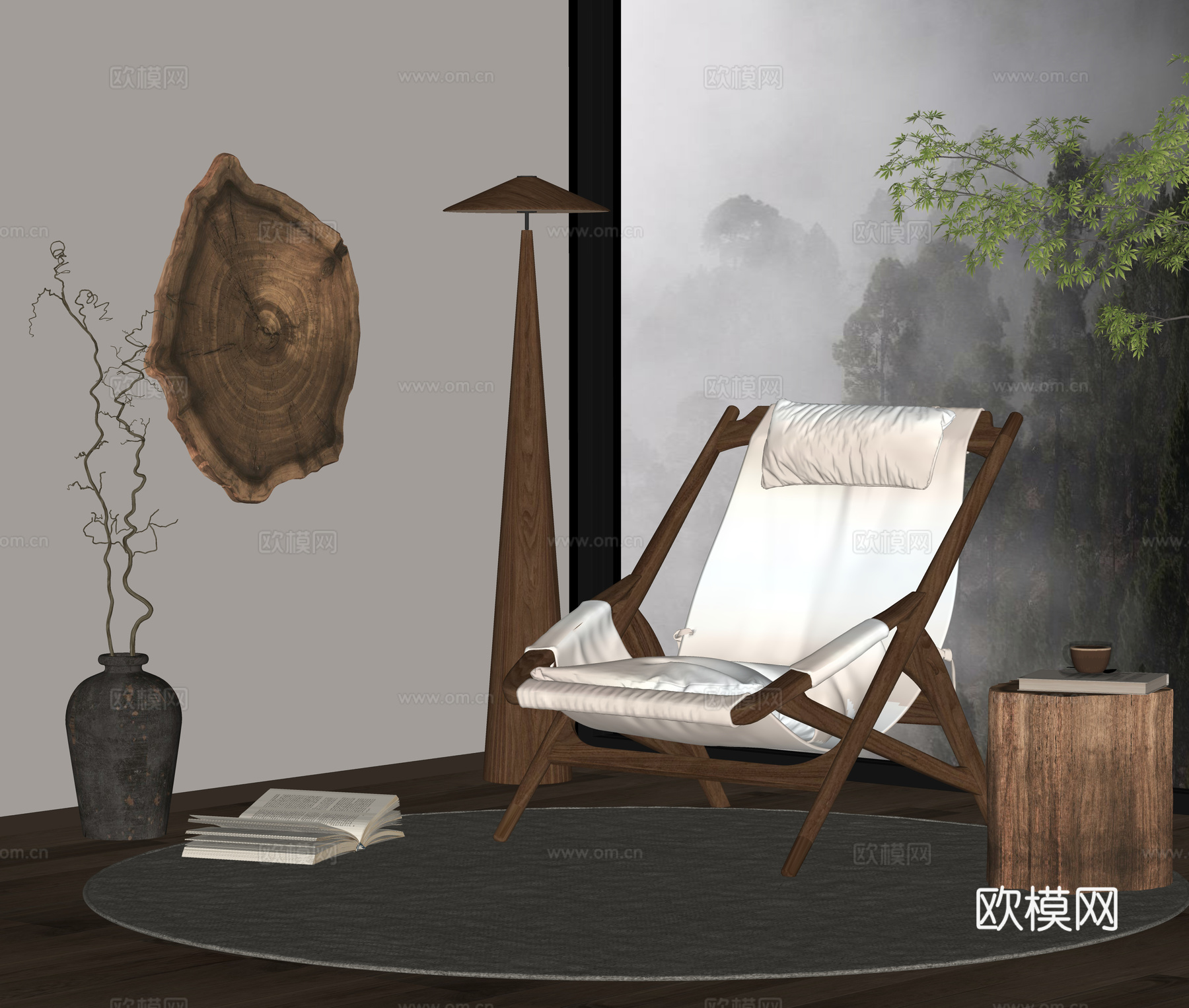 现代中古休闲椅 实木休闲椅 落地灯 边几su模型