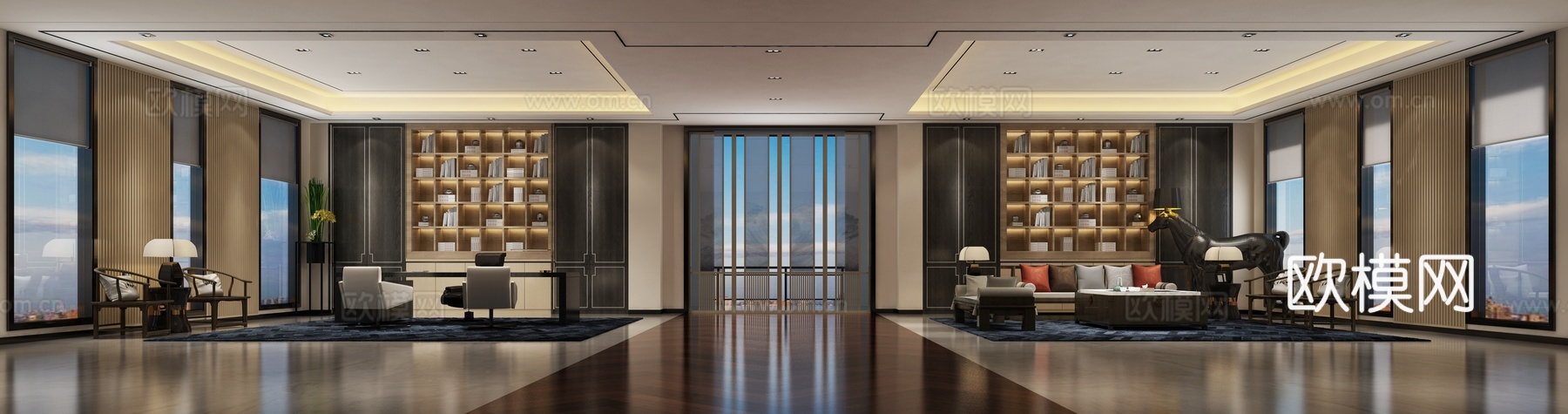 新中式后现代轻奢办公室 经理办公室 书桌 办公桌 书柜3d模型下载