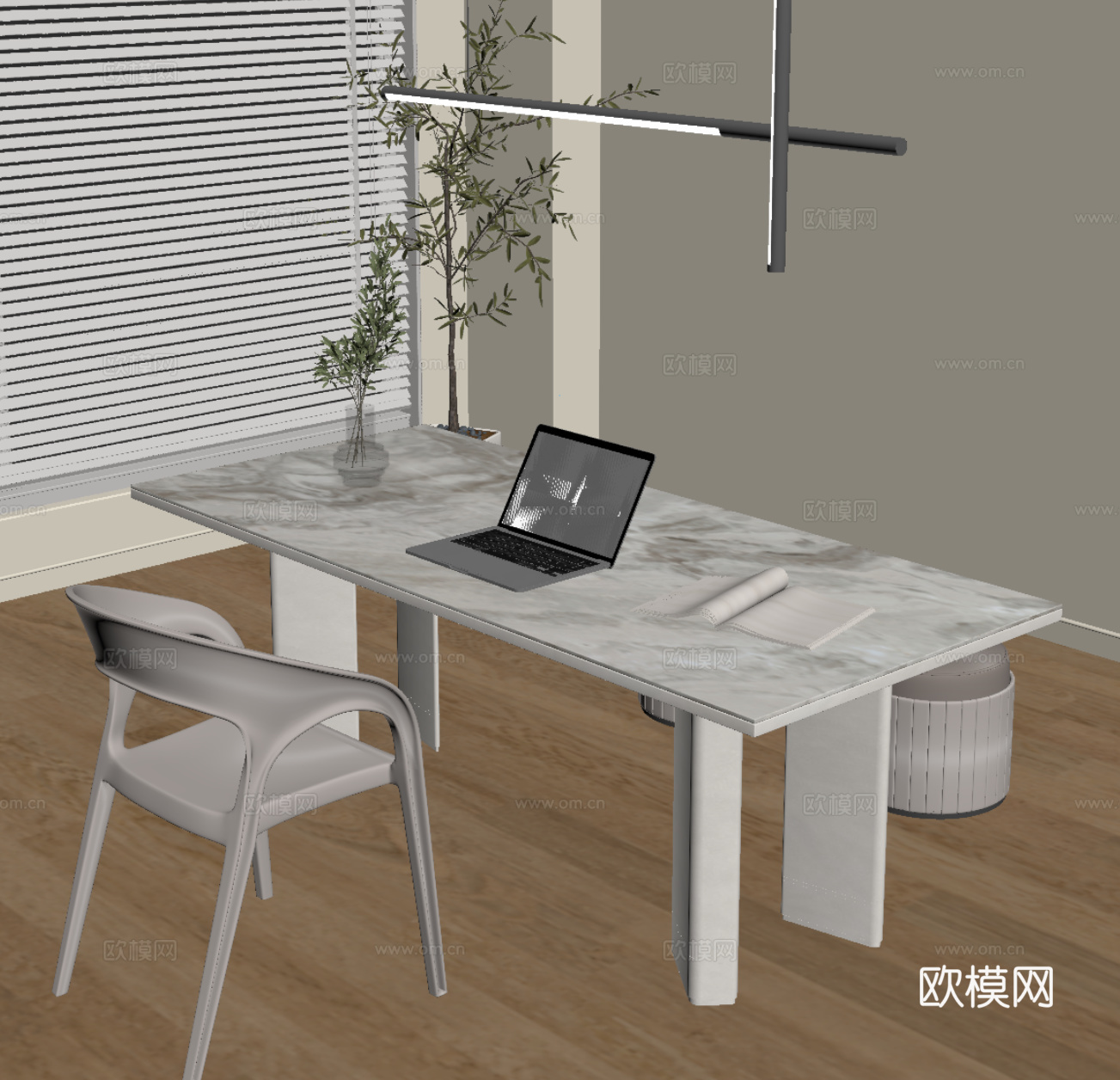 现代奶油风书桌椅 办公桌椅组合su模型
