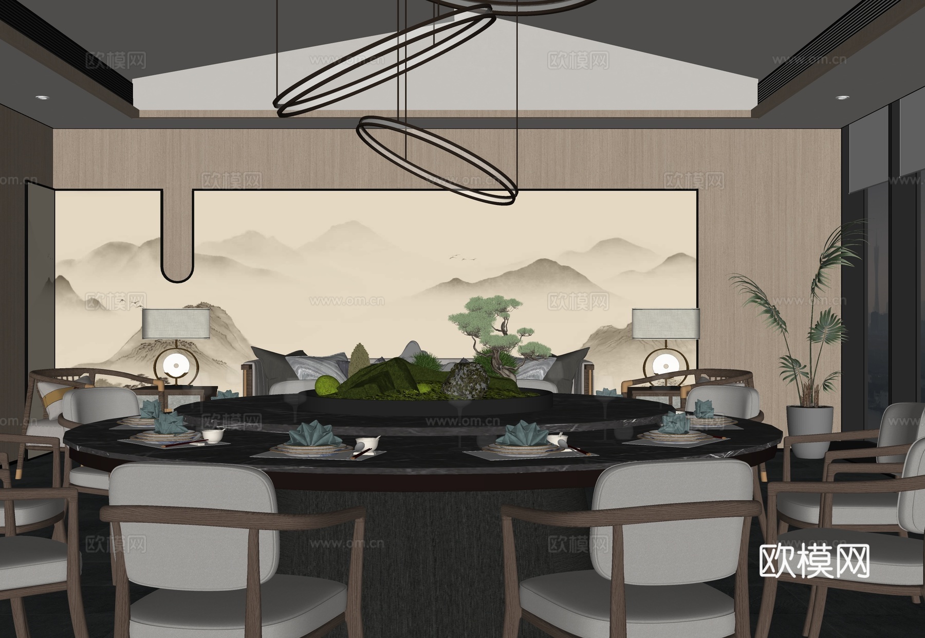 新中式包厢 包厢餐桌椅su模型