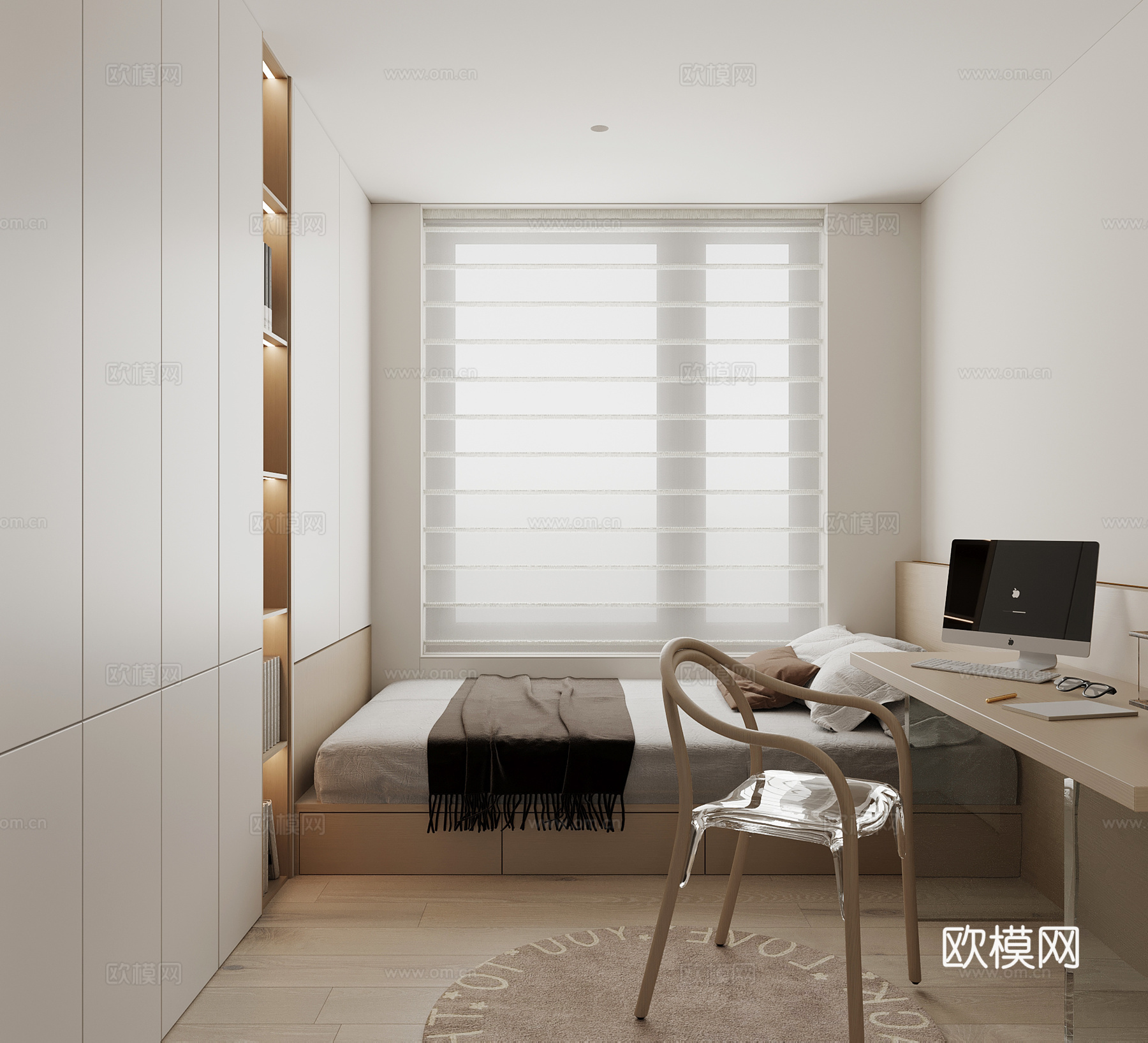 现代榻榻米卧室 双人床 衣柜su模型
