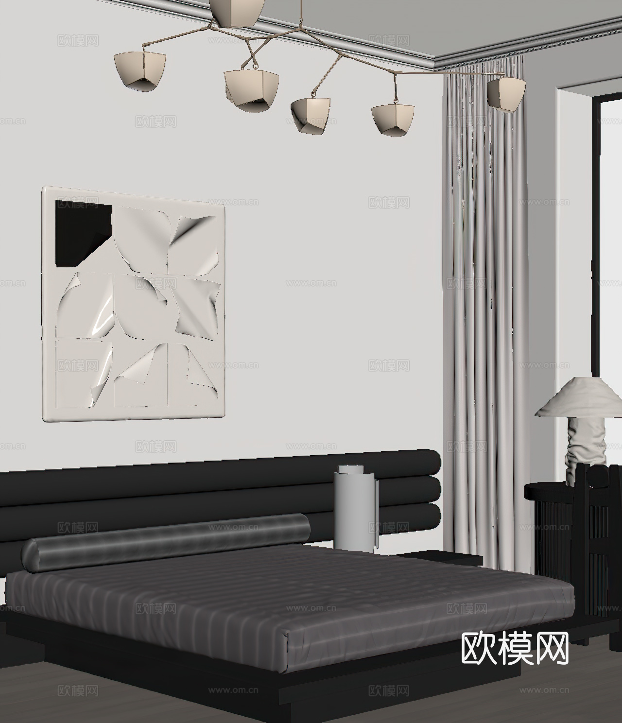 现代极简卧室 吊灯 挂画su模型