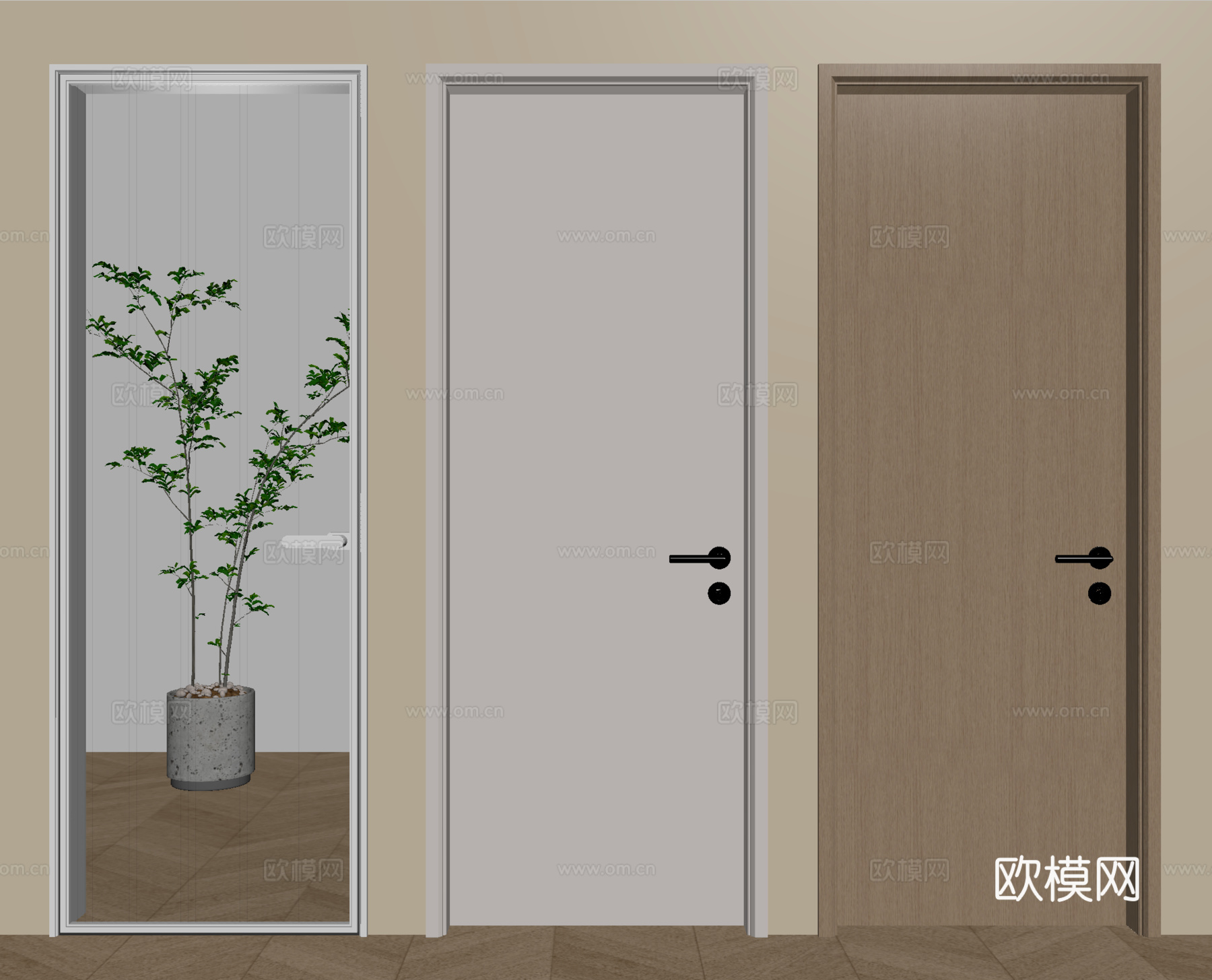 现代单开门 平开门 卧室门 木门 玻璃门 厨卫门 门把手su模型