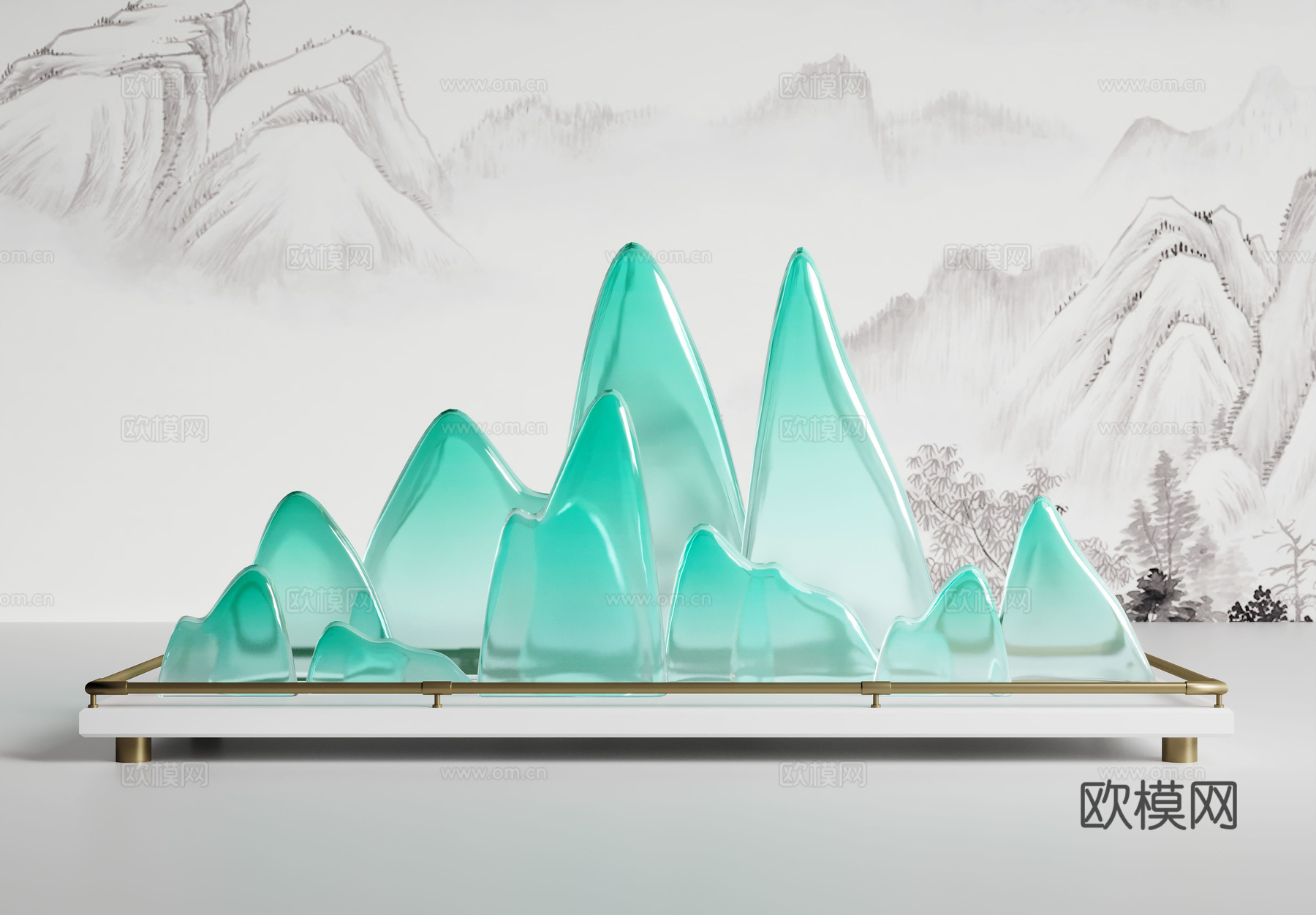 新中式假山摆件 水晶石雕塑 水景石摆件su模型