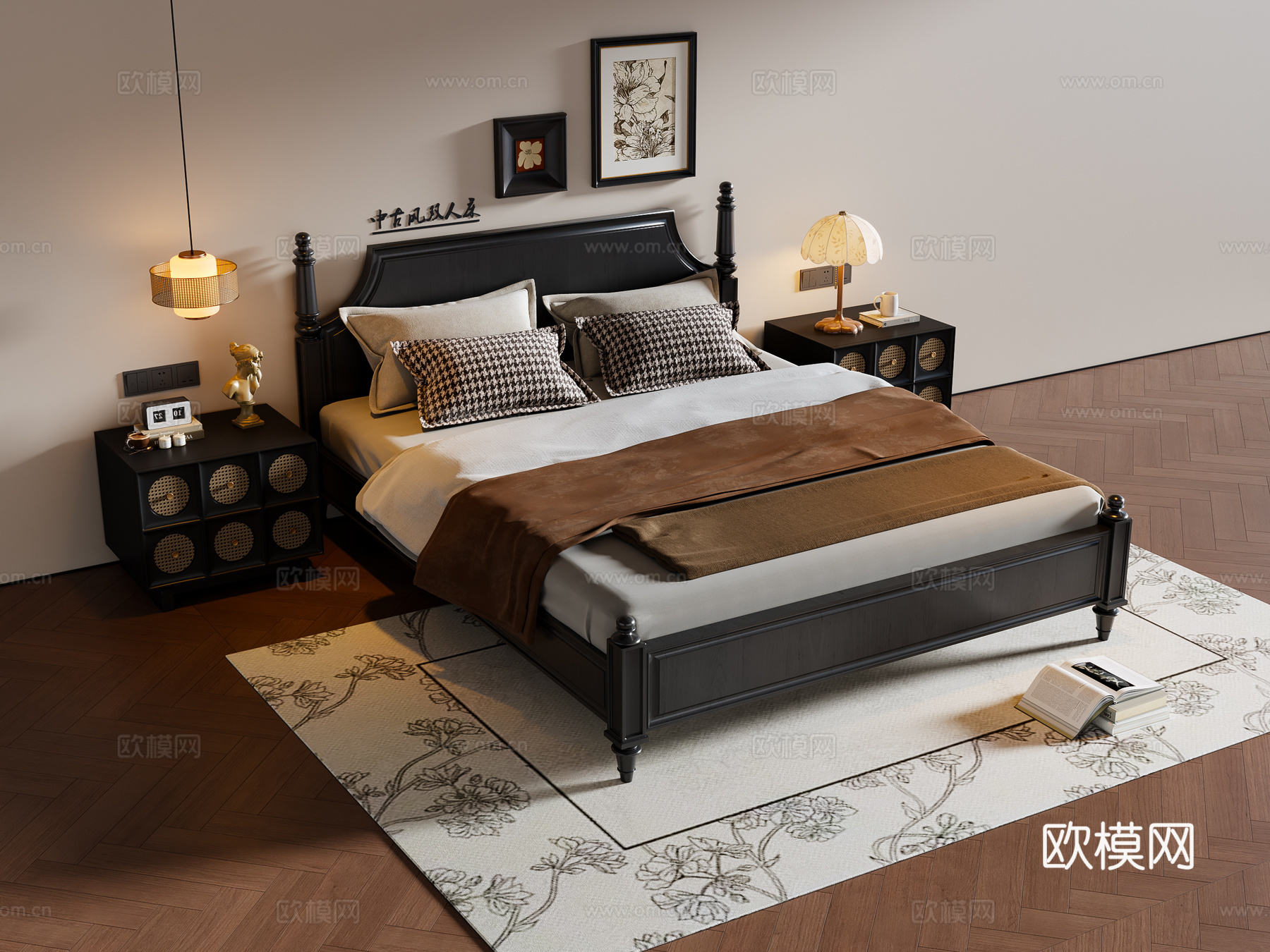 法式中古风双人床 实木双人床 床头柜 挂画 地毯3d模型下载