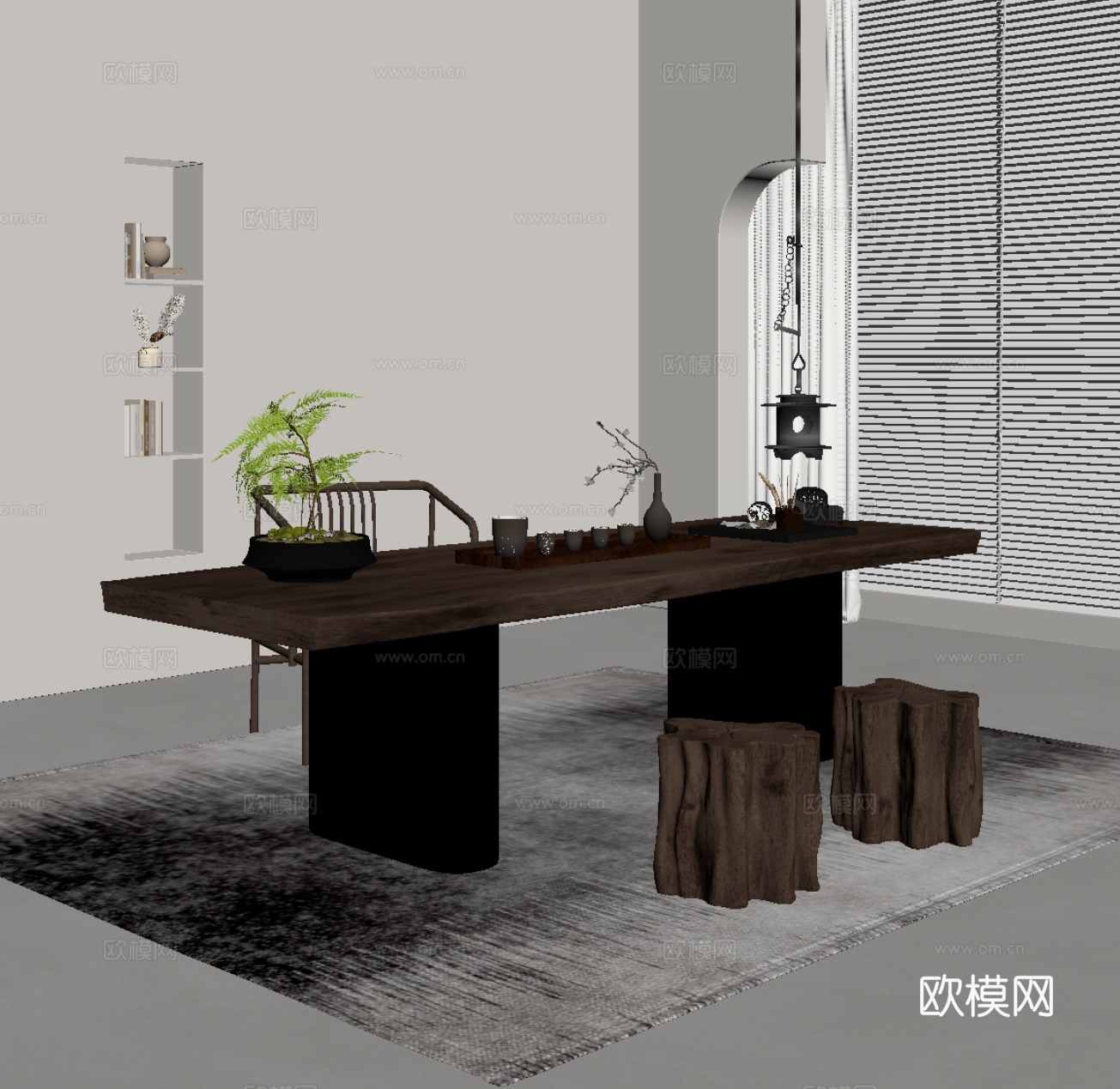 侘寂风茶桌椅 茶台 茶具su模型
