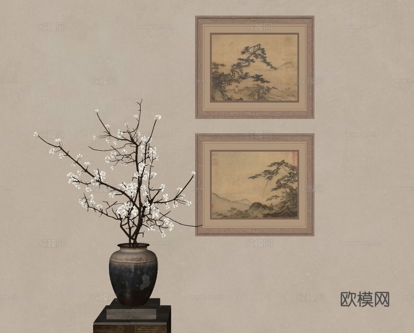 新中式装饰挂画 花瓶花艺su模型