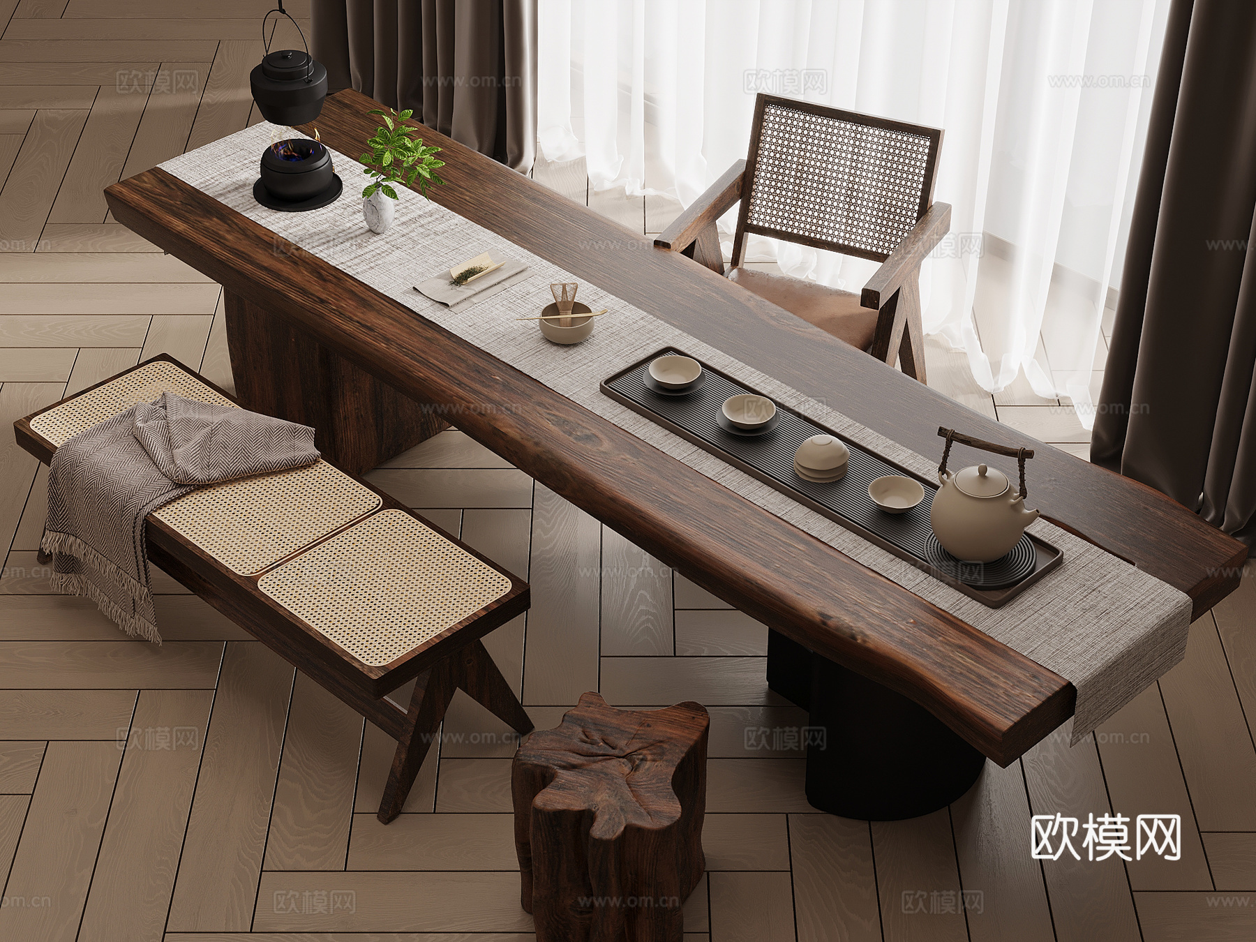 侘寂风茶桌椅 茶台 茶具su模型