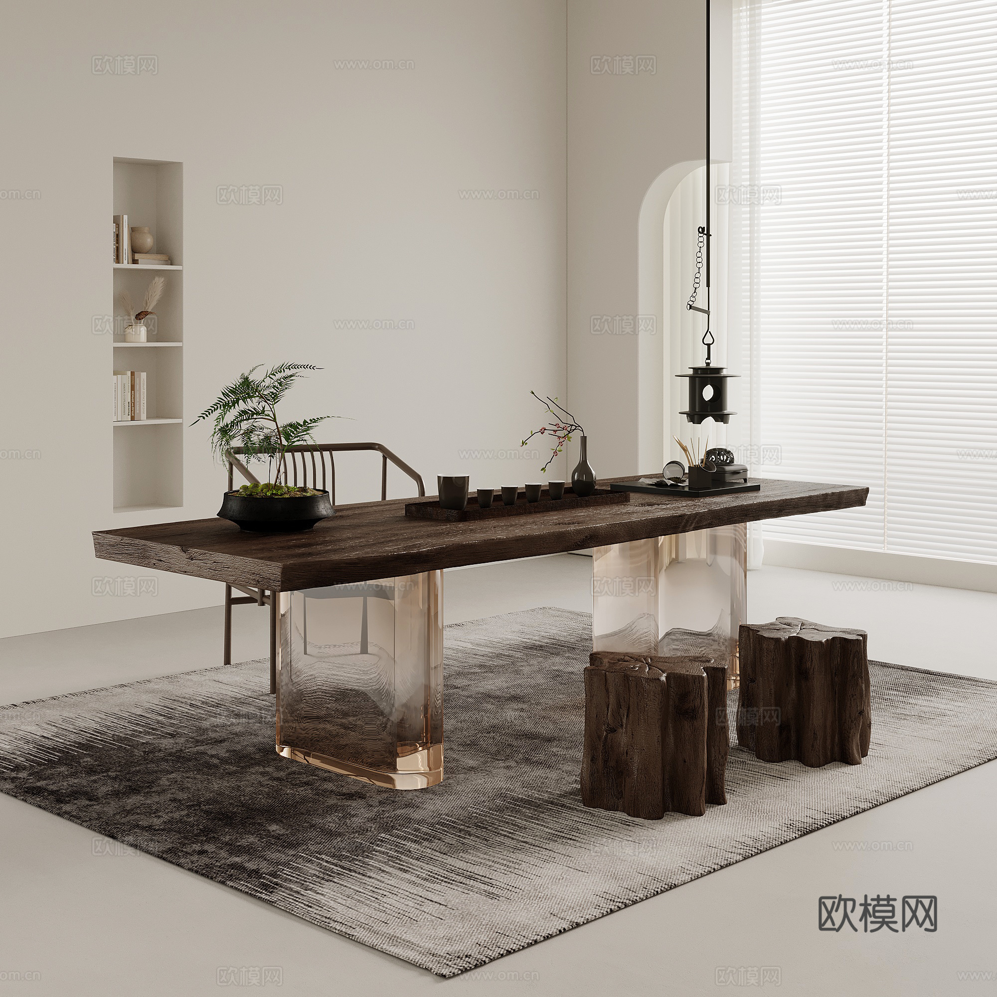 侘寂风茶桌椅 茶台 茶具su模型