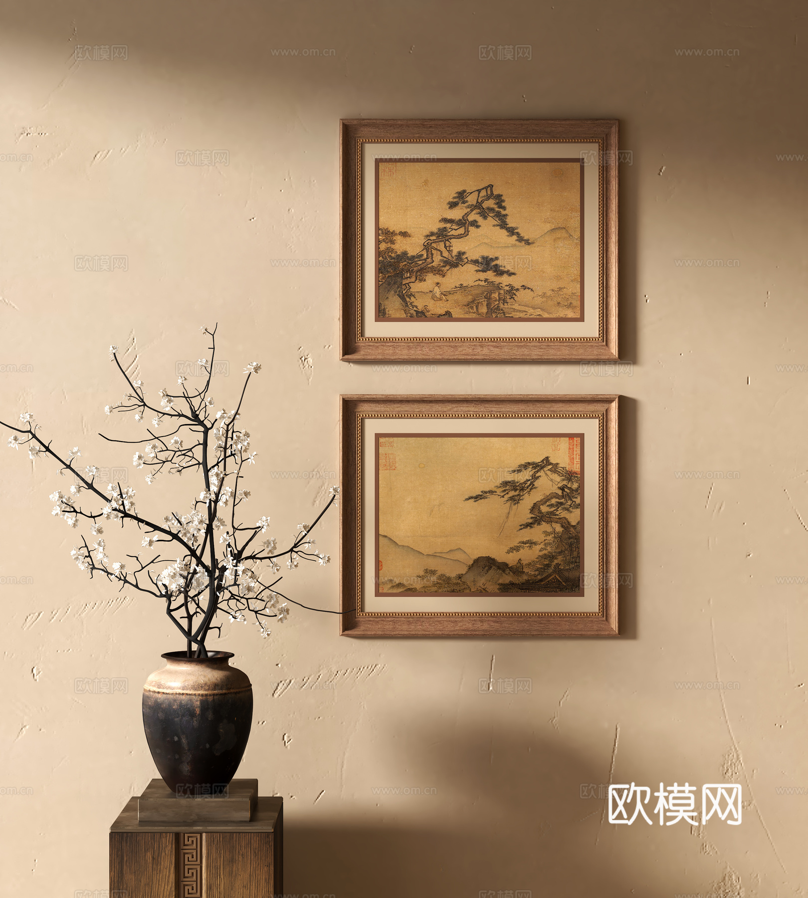新中式装饰挂画 花瓶花艺su模型