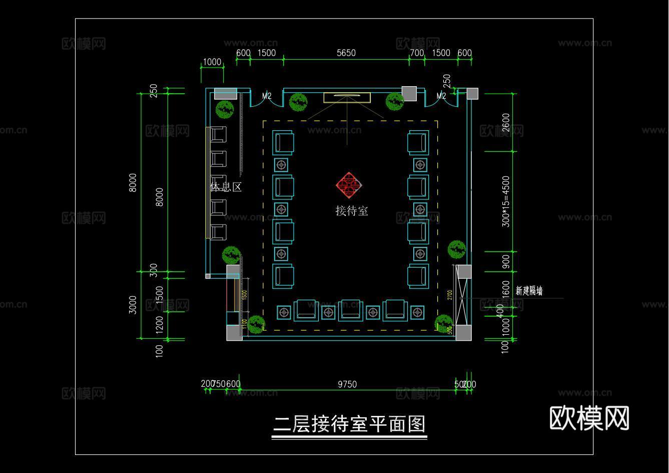 120平米接待室平面方案cad施工图