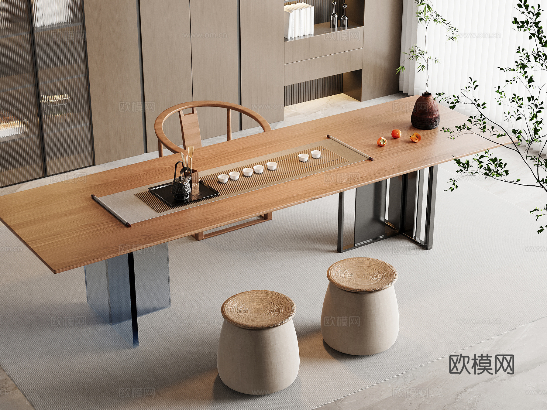 现代茶桌椅 茶台 茶具su模型